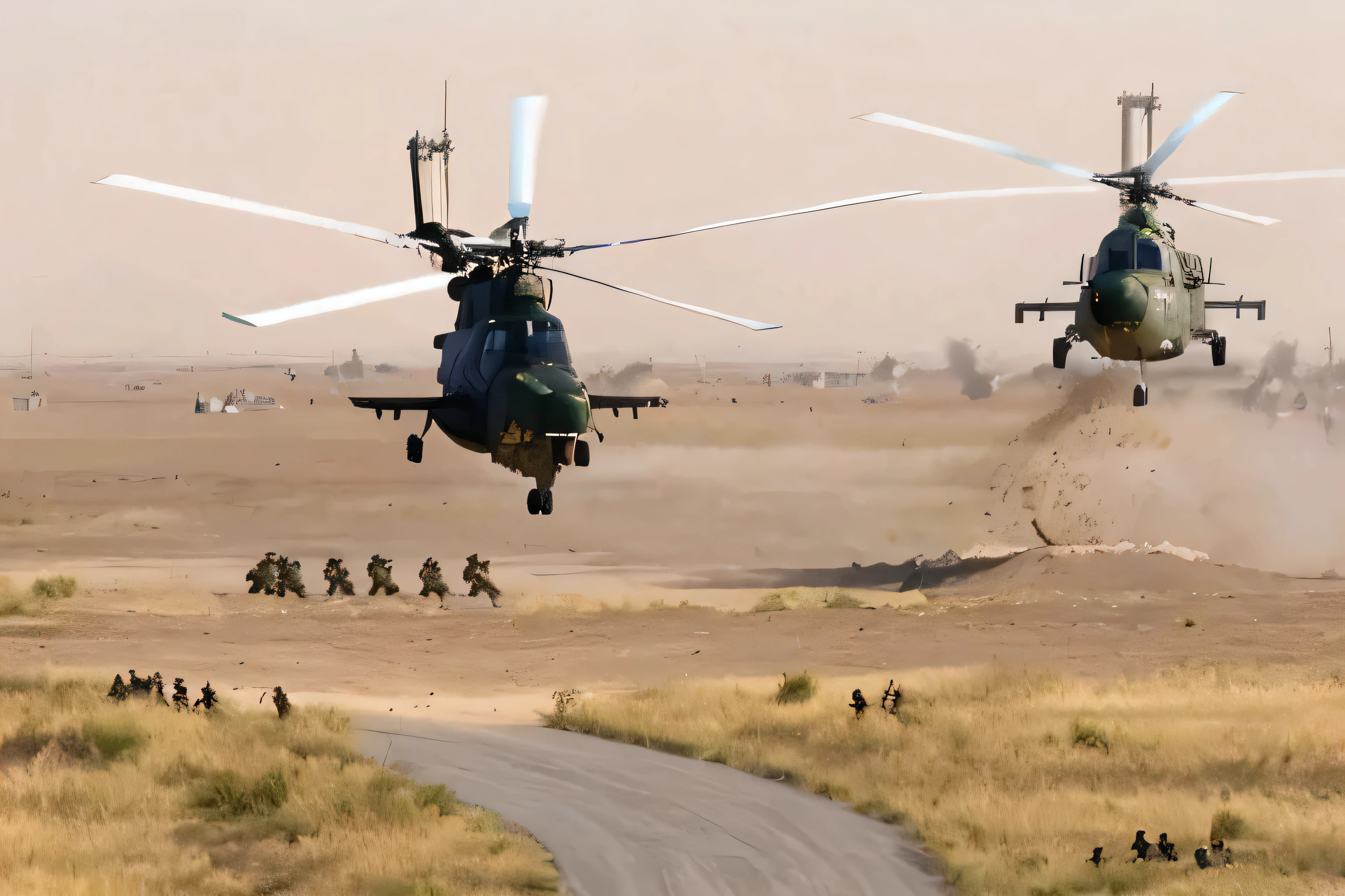 two military helicopters flying over a dirt road in a field, helicopters firing, helicopters, air support, black helicopters, helicopters and tremendous birds, mongolian invasion of iraq, helicopter drones, battle of helmand moebius, impeccable military composure, by Tahir Salahov, afar, military, flying aircrafts, scene!!, impressive detail, helicopter, aerial combat