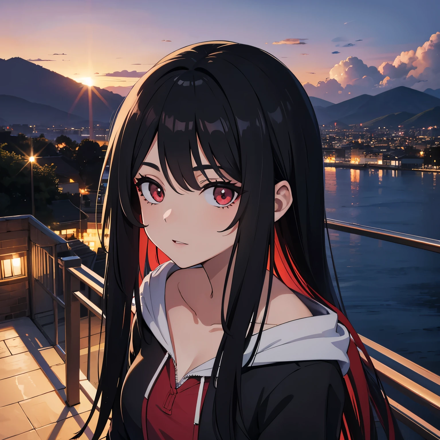 Una chica de ojos morados con cabello de color negro obscuro que tenga buen cuerpo y que es de frente y de fondo un paisaje 🌆