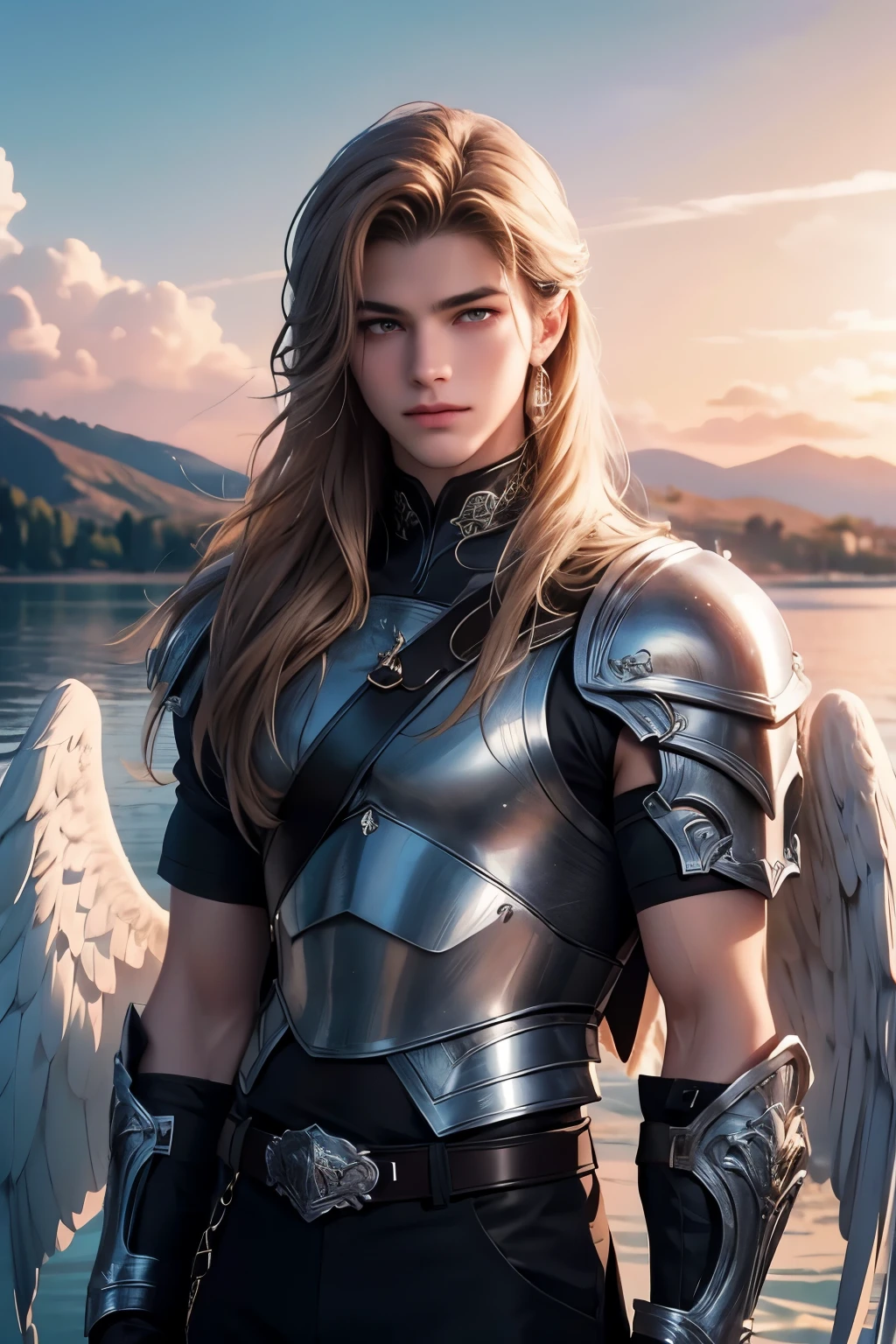 ((Best quality)), ((masterpiece)), (detailed), ((perfect face)), ((halfbody)) perfect proporcions,He is a handsome angel, 18 years old, long hair, he has white wings, He wears silver armor, angel wings, he has honey-colored eyes, There is a pink sky behind him, there is a lake in the background, he has a metal belt, ((perfect face))