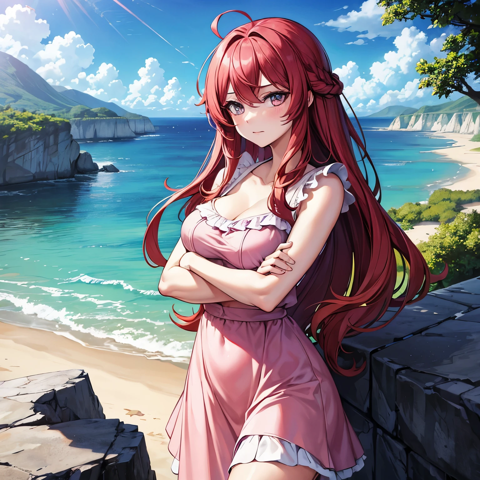 (masterpiece), 1girl, solo, best quality, expressive eyes, perfect face, (mature female), mother, red hair BREAK long hair, wavy hair, ahoge, pink sundress BREAK barefeet, hips, Big breasts, upper body, seaside, rocks, emotionless eyes, :/, crossed arms, wooden house, outdoors, standing 