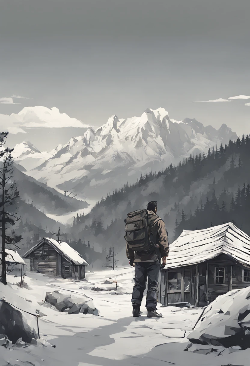 A lonely lumberjack deep in the mountains, a shabby house, a shabby life, a beard, a vigorous spirit, a bright landscape,