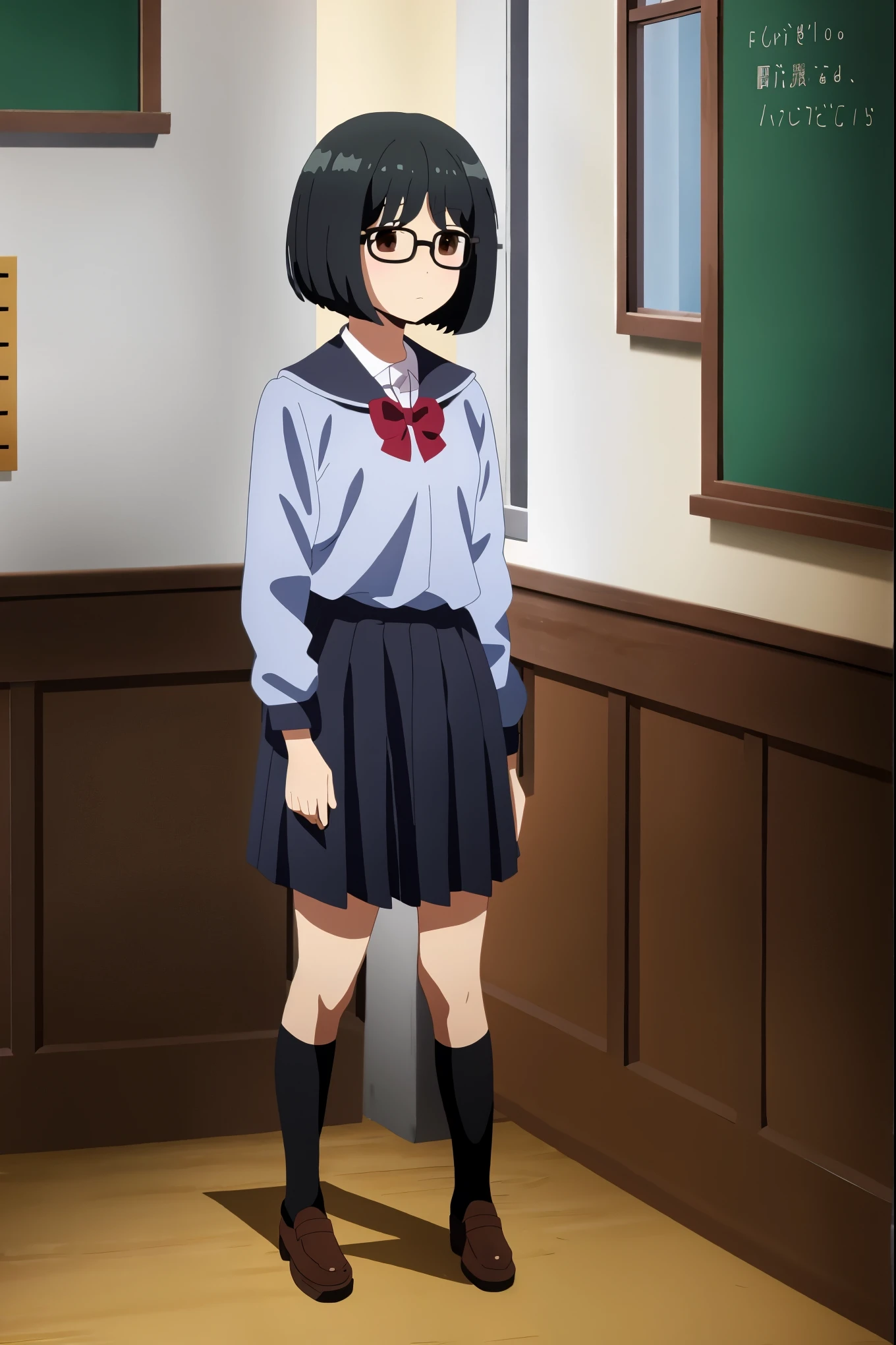 masterpiece, best quality, anime art style, eri, short black hair, tiny bob, brown eyes, medium breasts, wearing glasses, school uniform, full body 