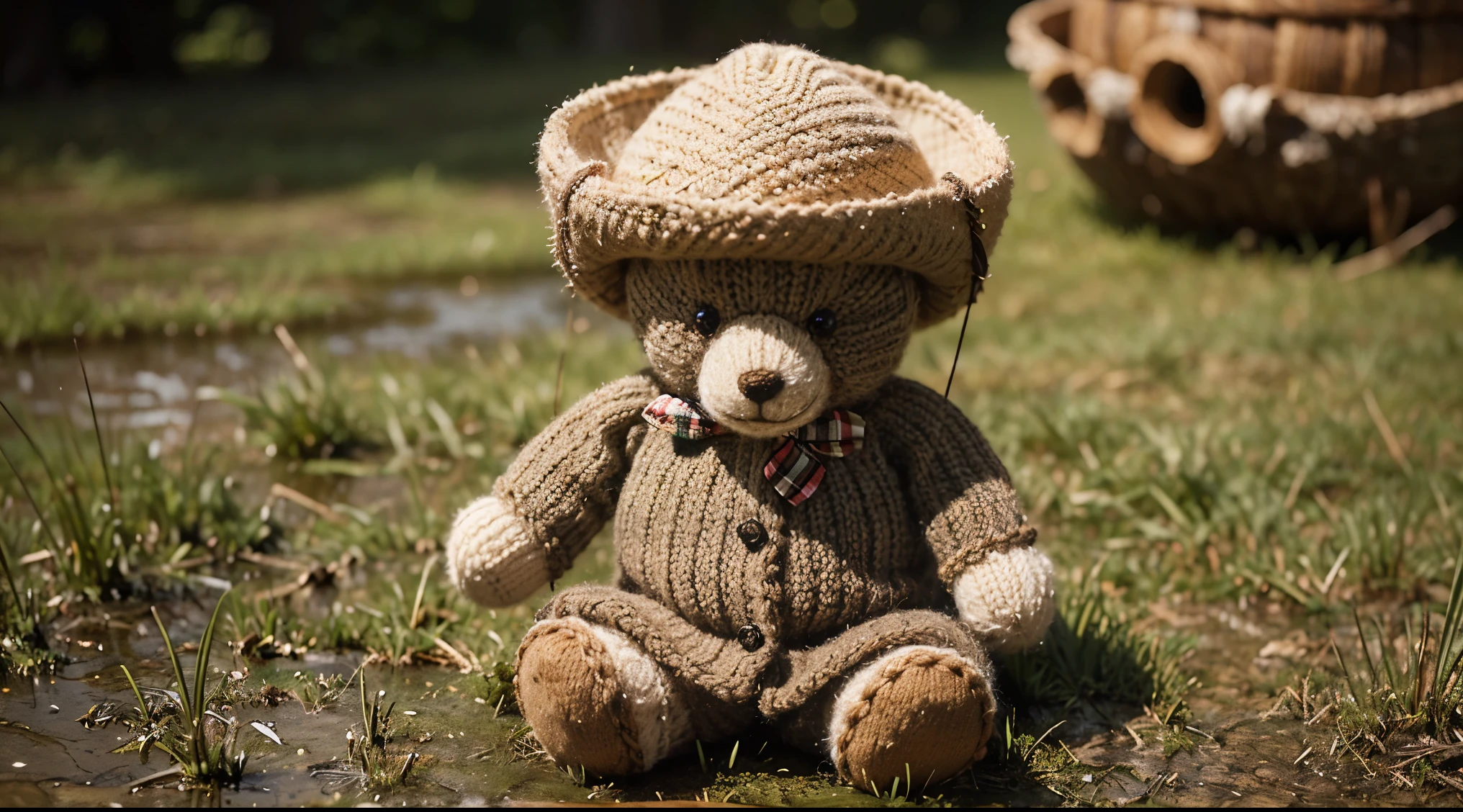 Knitted toy bear, small anthropomorphic animal, in a hat and antique clothes of the 17th century, macro photography in thick grass, dew drops reflecting the environment, super detailed toy, you can see every wool on the toy, you can see every shrvcik on the clothes, dragging all your things on itself, cute animal, cute toy,