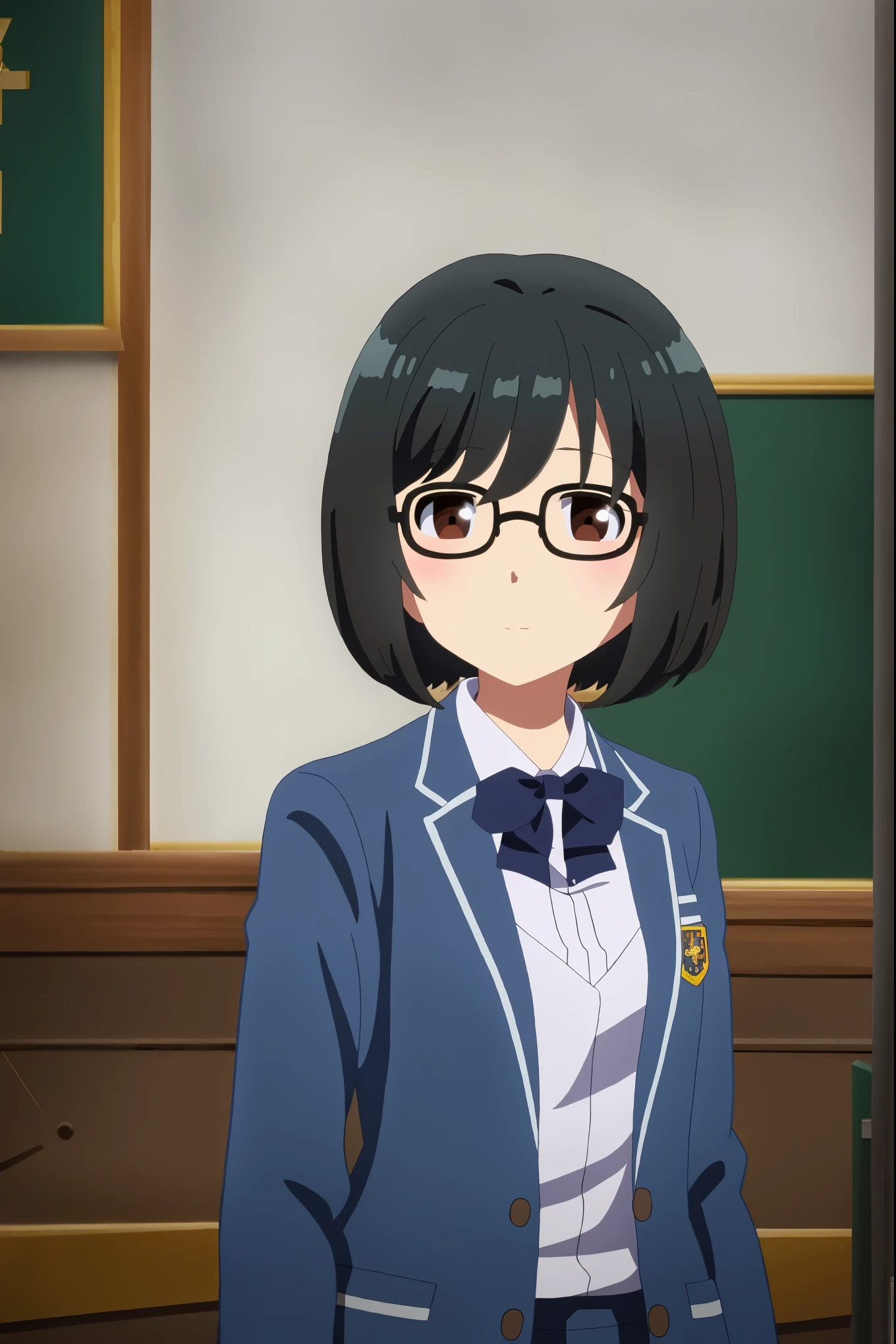 masterpiece, best quality, anime art style, eri, short black hair, tiny bob, brown eyes, medium breasts, wearing glasses, school uniform, full body 