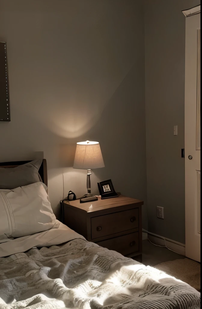 image of a warm cozy small bedroom, gray-ish tone,a soft and gray pattern bed, tv in front of the bed attached to the wall, gray closet, standing lamp, lovely bedroom with a slight lighting, camera from corner