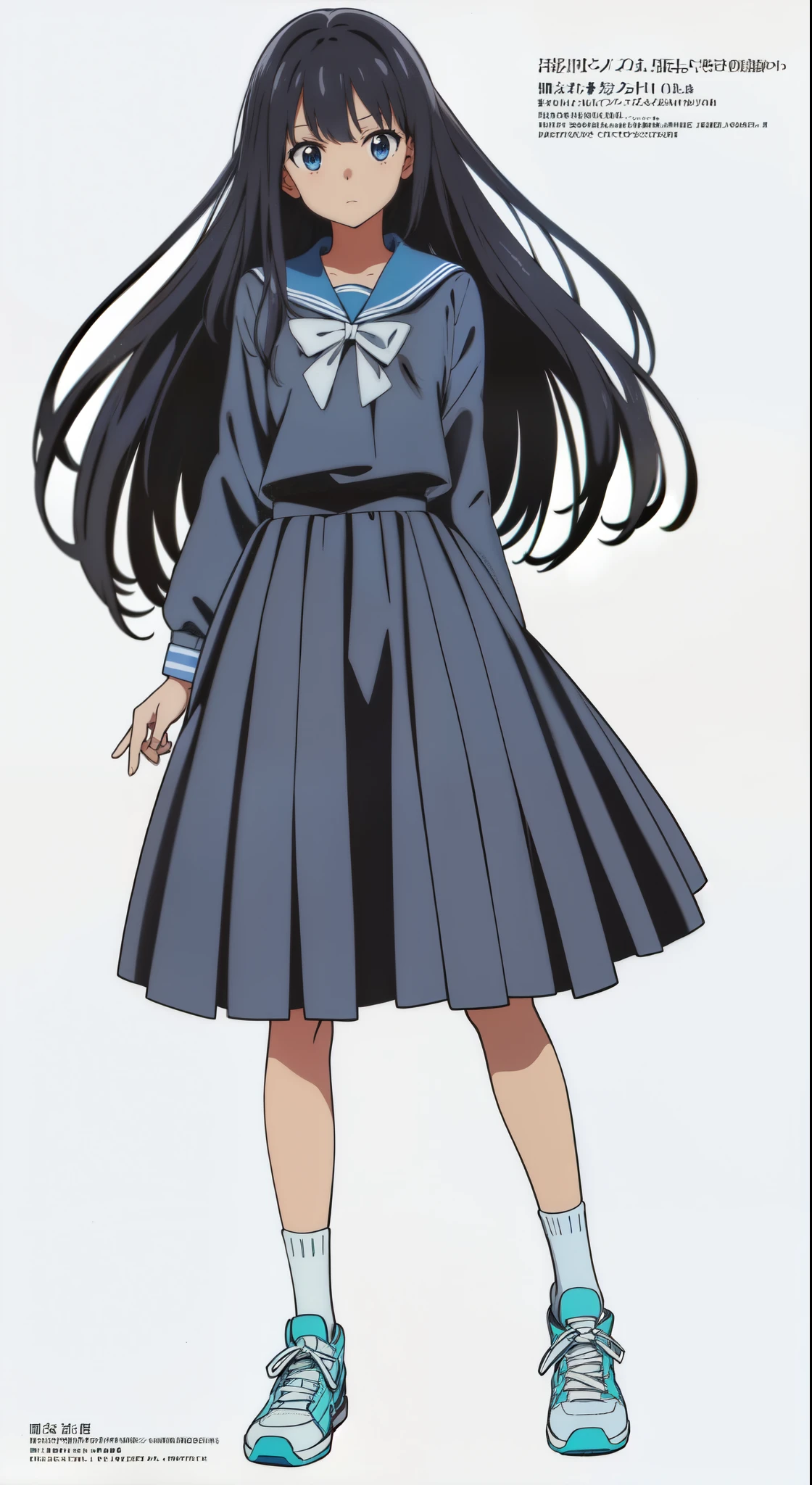 (white background:1.0), (best quality:1.0), (masterpiece:1.0), (super fine illustration:1.0), (beautiful artwork:1.0), (anime screencap:1.0), (official art:1.0), (full body:1.0), (solo:1.0), (a 15yo cute girl:1.0), (long skirt:1.0), (dark blue skirt:1.0), (pleated skirt:1.0), (dark blue sailor uniform:1.0), (long sleeve sailor uniform:1.0), (sneakers:1.0), (white socks:1.0), (ideal ratio body proportions:1.0), (lanky:1.0), (tall:1.0), (slender:1.0), (small breasts:1.0), (smaller face:1.0), (tareme:1.0), (detailed beautiful eyes:1.0), (detailed beautiful face:1.0), (glowing black eyes:1.0), (medium hair:1.0), (black hair:1.0), (standing:1.0), (looking at viewer:1.0)
