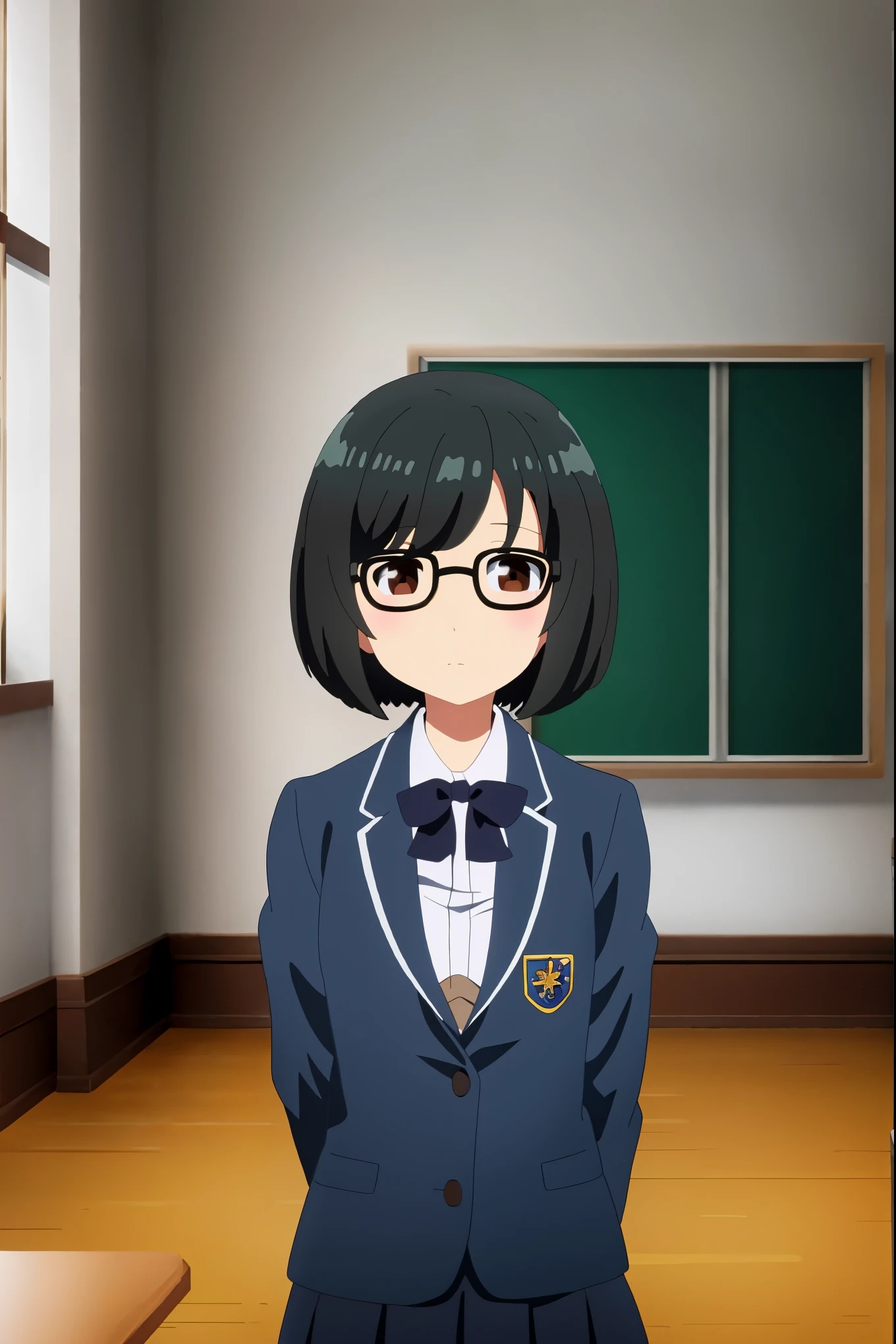 masterpiece, best quality, anime art style, eri, short black hair, tiny bob, brown eyes, medium breasts, wearing glasses, school uniform, full body 