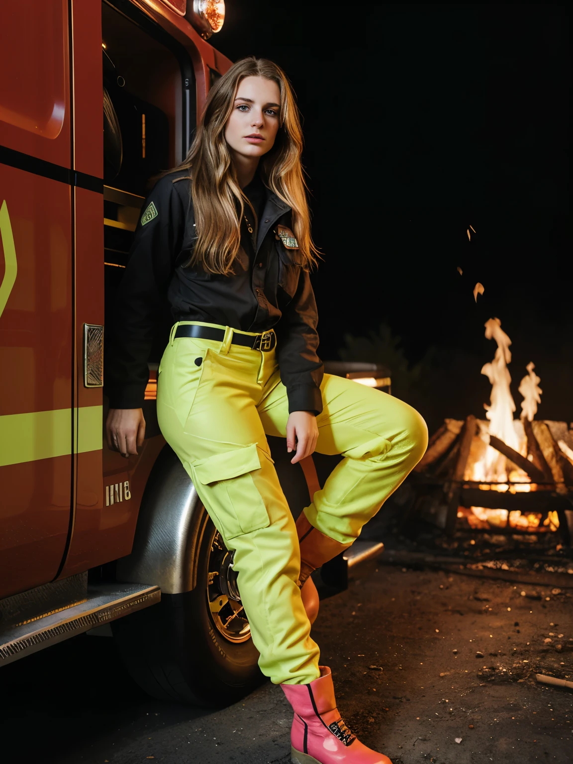 A captivating photo of a beautiful young woman with brunette hair with blonde highlights, about 23 years old, arafed woman in bright pants and neon boots sitting in front of a fire truck, by Thomas Häfner, close body shot, firefighter, fireman, mia kischner, by Kristian Zahrtmann, by Niko Henrichon, shot on canon eos r 5, shot on canon eos r5, shot on nikon z9