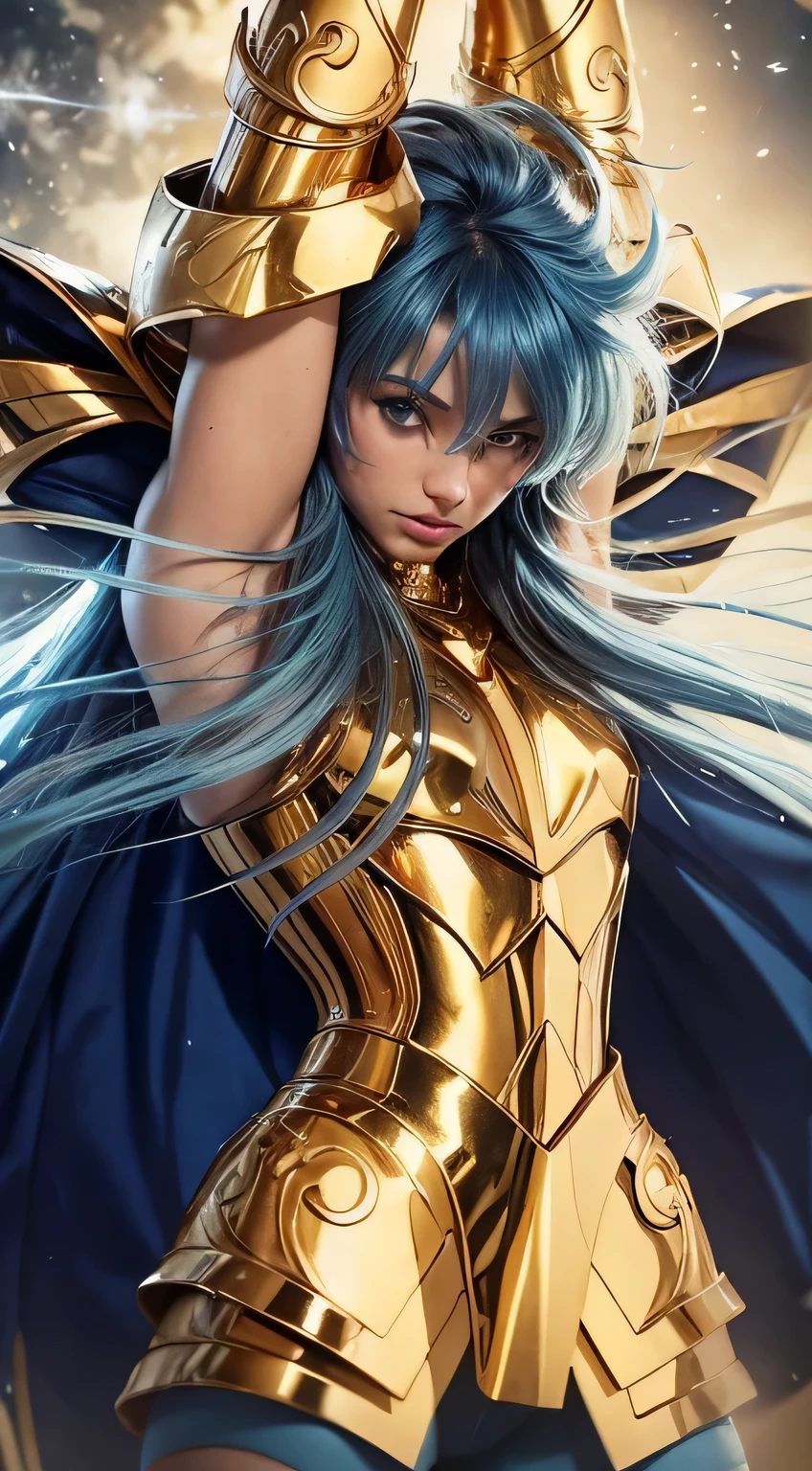 obra de arte. incrivelmente detalhado e ultrarrealista. high resolution Saint Seiya Aquarius Camus. Octane is the perfect tool for capturing the softest details of this 16k photography masterpiece. Retrato de corpo inteiro de um jovem bonito, cerca de 30 anos. 1 menino. caucasiano (french). olhando para baixo. vista ligeiramente lateral. rosto forte e detalhado. serious appearance. cold appearance. serious expression. lindo nariz, (Olhos azuis muito grandes e expressivos). olhos perfeitos. ((raspada)). ((light petroleum blue hair)). ((Messy hair with bangs)). ((Messy hair)). Vestindo uma armadura dourada bem realista. ((Armadura dourada brilhante)), with blue trousers. arms raised above the head. manto azul. cosmic colored background. cinematic light.