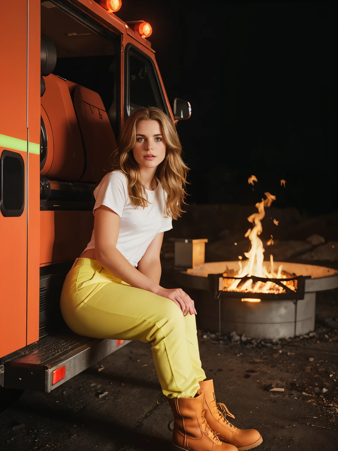 A captivating photo of a beautiful young woman with brunette hair with blonde highlights, about 23 years old, arafed woman in bright pants and neon boots sitting in front of a fire truck, by Thomas Häfner, close body shot, firefighter, fireman, mia kischner, by Kristian Zahrtmann, by Niko Henrichon, shot on canon eos r 5, shot on canon eos r5, shot on nikon z9