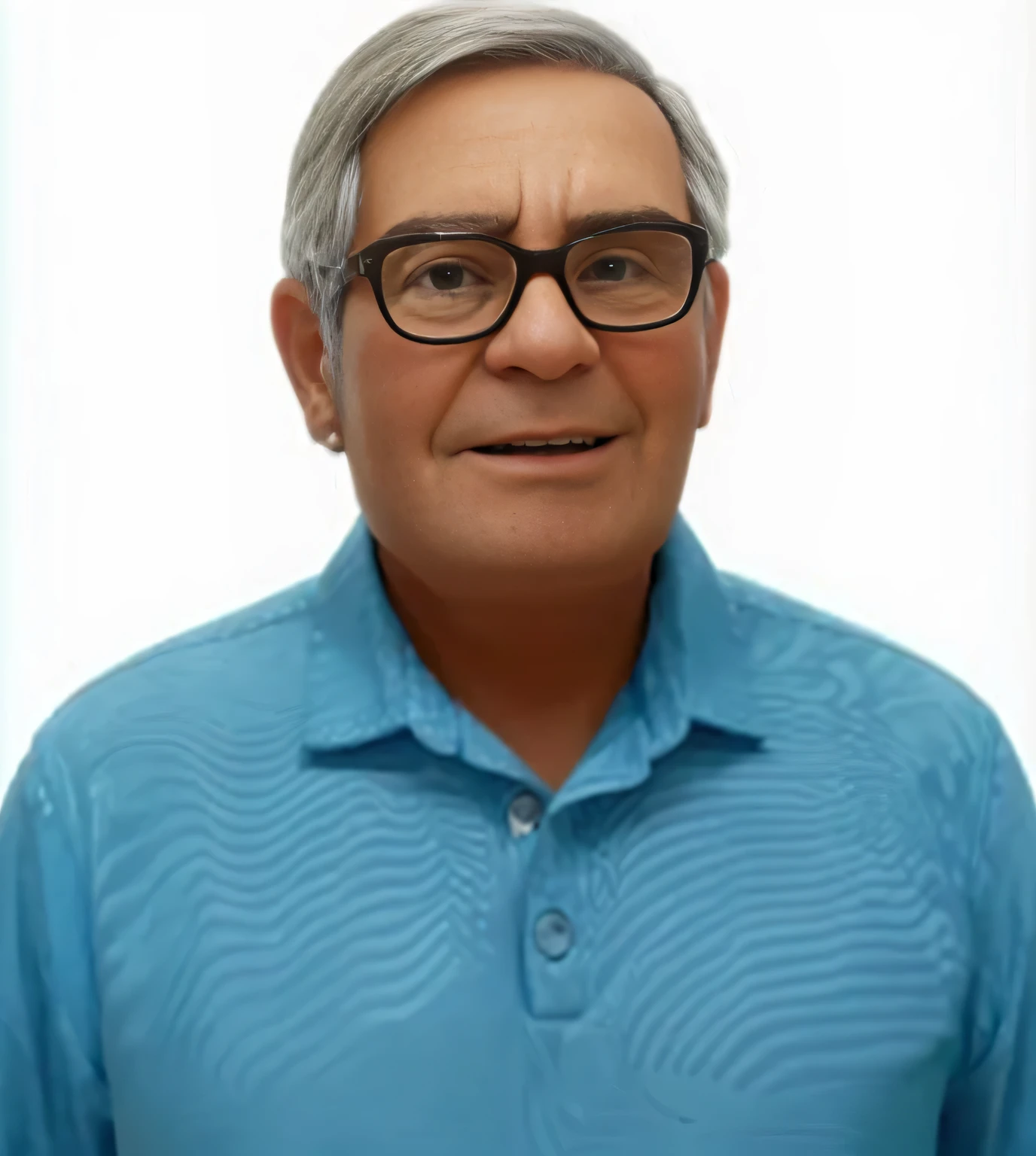 imagem 3d Pixar-style, retrato, com visual clean, fundo azul claro, homem 70 anos, bronzeado, rosto largo arredondado, queixo pequeno, sem barba, with black square glasses, olho esquerdo levemente fechado, grisalho lisos, repartidos para direita,  expressions on the face, , maxima qualidade