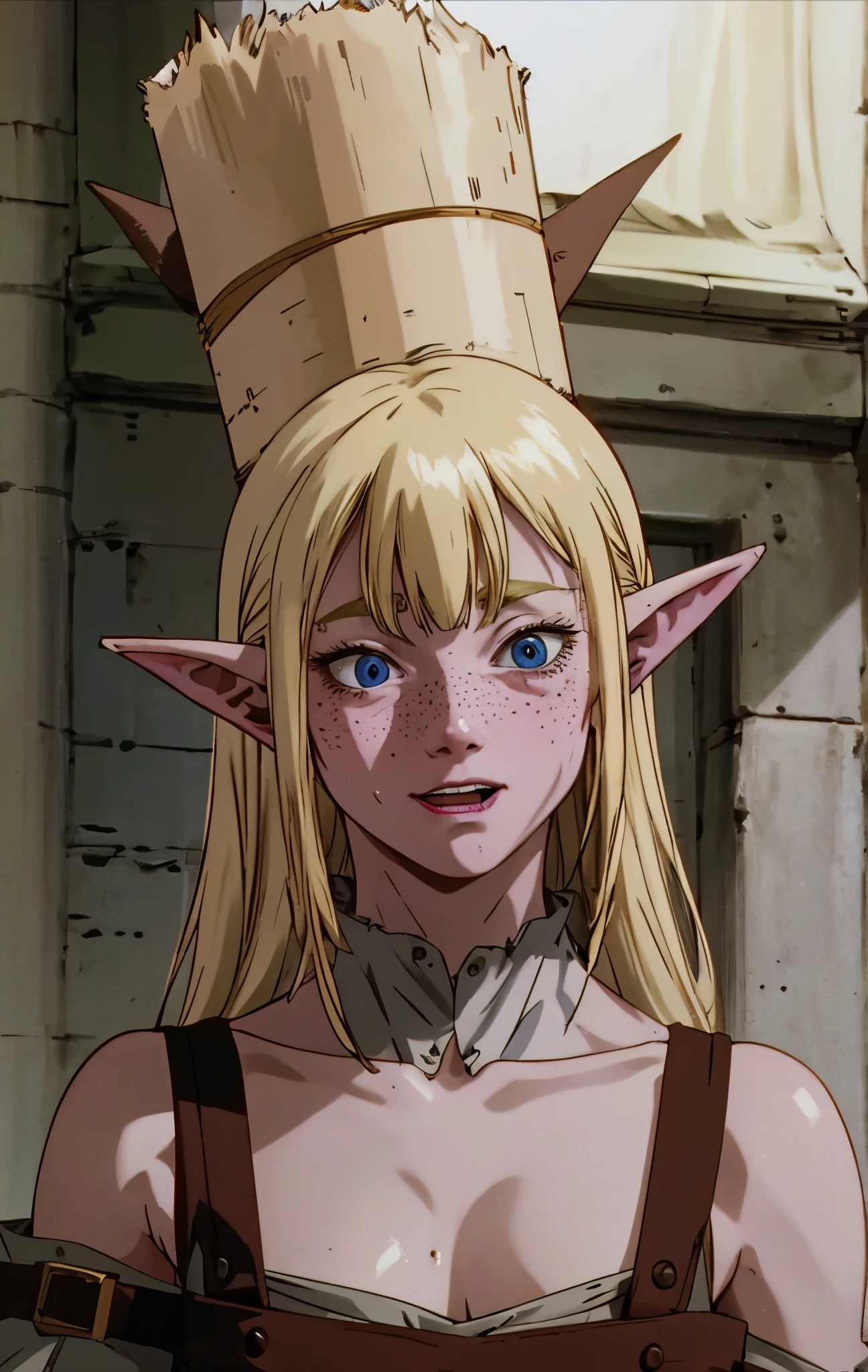 A blonde elf with pointy ears and freckles, with a psychopathic expression on her face