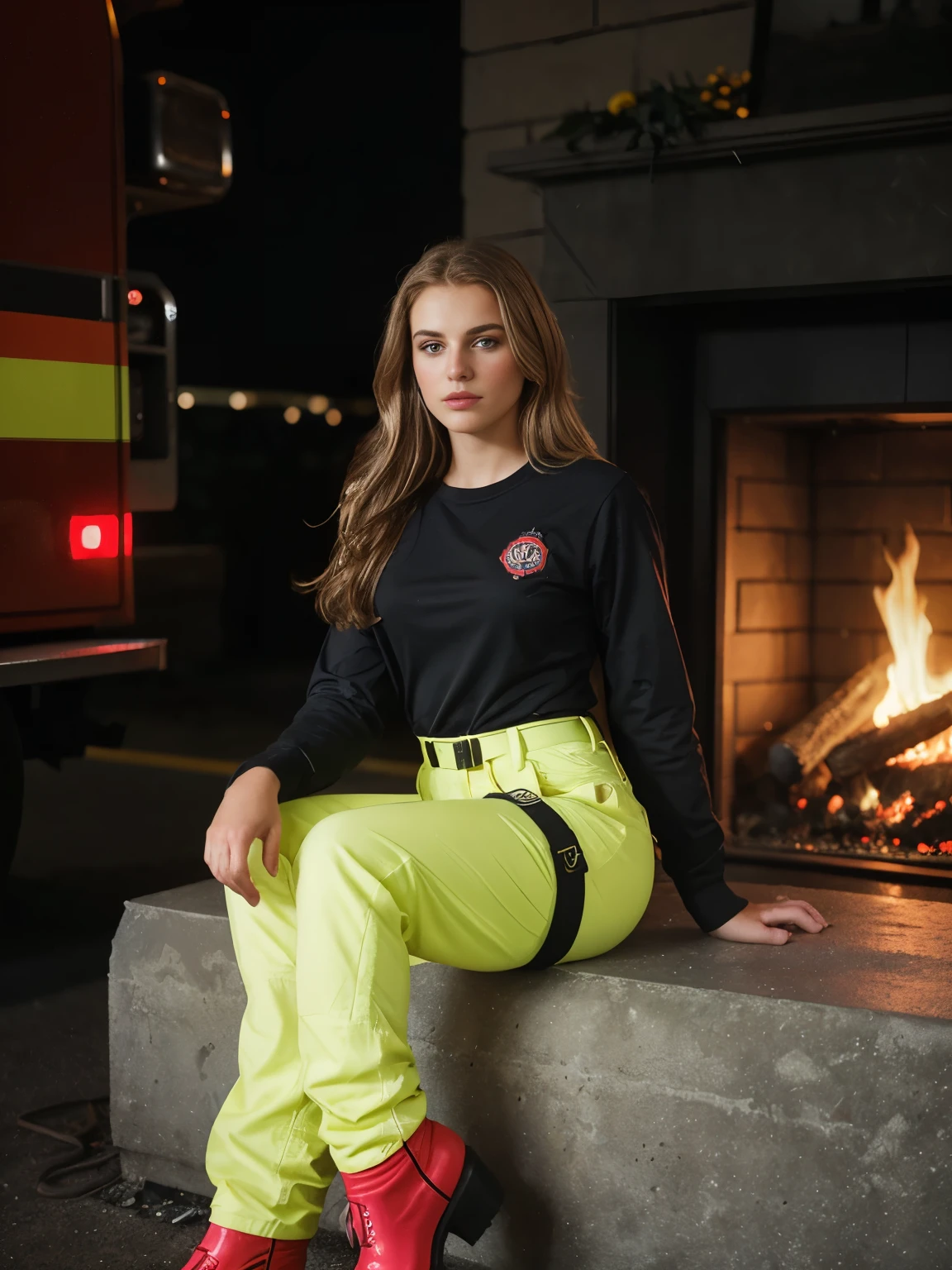 A captivating photo of a beautiful young woman with brunette hair with blonde highlights, about 23 years old, arafed woman in bright pants and neon boots sitting in front of a fire truck, by Thomas Häfner, close body shot, firefighter, fireman, mia kischner, by Kristian Zahrtmann, by Niko Henrichon, shot on canon eos r 5, shot on canon eos r5, shot on nikon z9