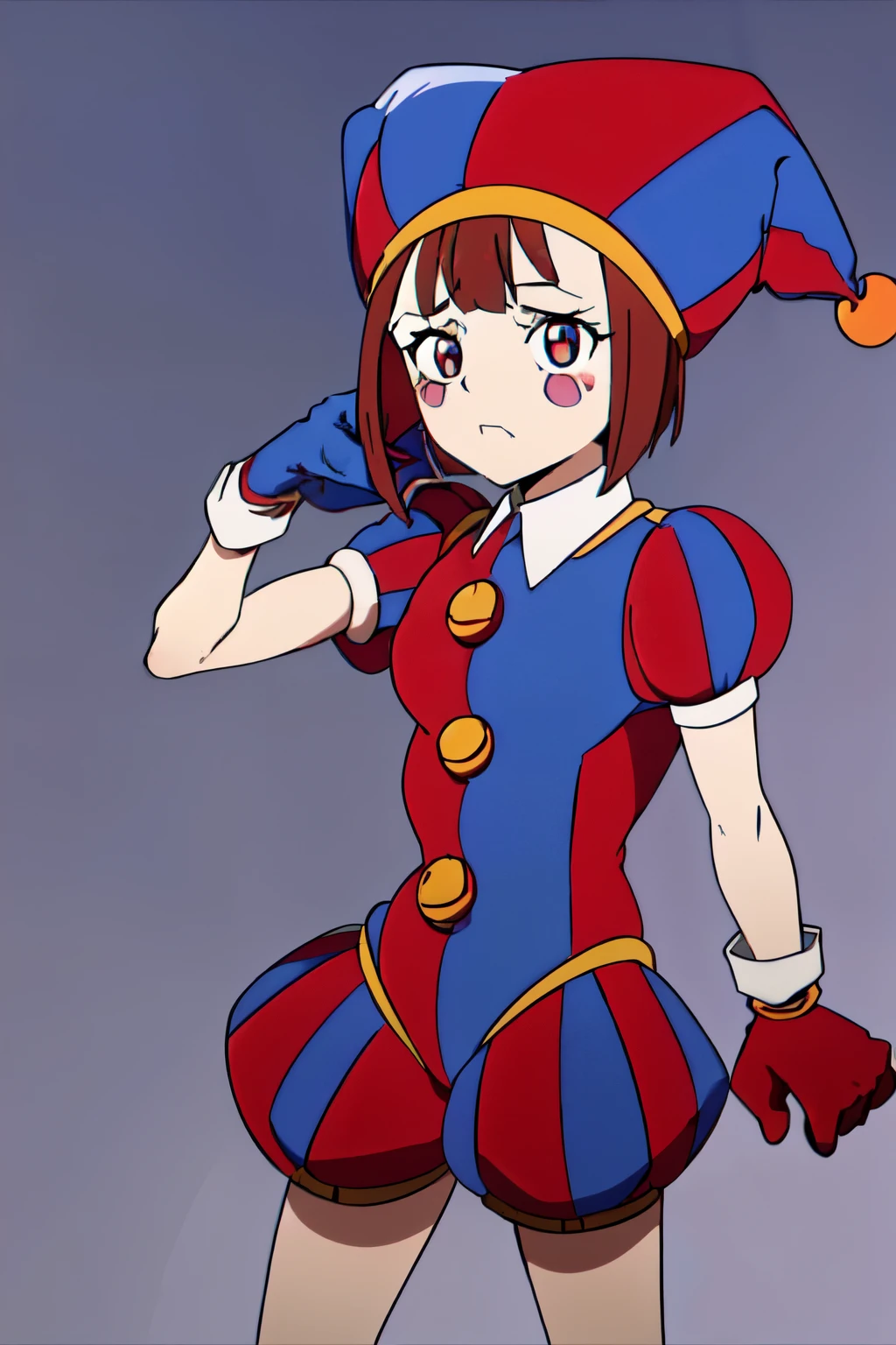 Pomni, 1girl, ((red and blue jester outfit)), red and blue jester cap, puffy short sleeves, ((red and blue gloves)), buttons, colored skin, ((symbol-shaped pupils, red and blue eyes)), ((red and blue shoes)), blush stickers, brown hair, bob cut, blunt bangs, colored skin, white skin, perfect anatomy, solo
