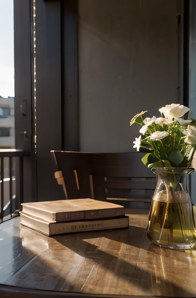 cozy small balcony,gray-ish tone,big table and chairs around,2 cups of coffee on table,some books on table,lovely balcony with slight lighting,camera from corner,(best quality,4k,8k,highres,masterpiece:1.2),ultra-detailed,(realistic,photorealistic,photo-realistic:1.37),illustration,wooden texture,vintage atmosphere,soft color palette,golden hour lighting