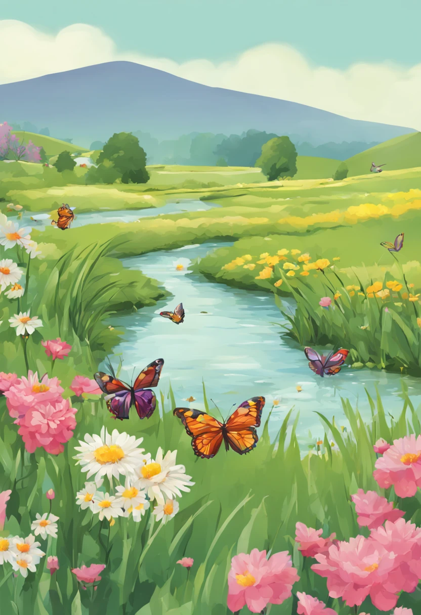 Spring brook, colorful flowers, butterflies, long, quiet rural landscape, illustration style, high quality images.