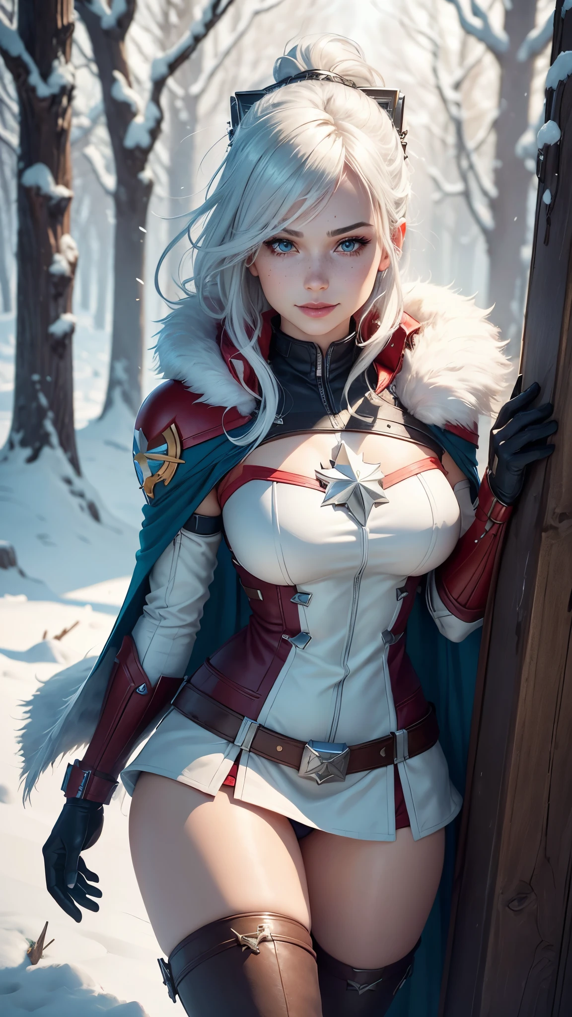 gwen tennyson,captain marvel,yorha 2b,solo girl,overwatch,atelier ryza,close up,winter forest,viking village,rune tattoos,fur and white plugsuit,winter viking linen shirt,scarlet viking cape,fur viking armor,tight fur mini skirt,long dress train,short viking hair,viking makeup,blue eyes,multicolored silver hair,fur gloves,sexy smile,freckles,beautiful girl,thigh high fur boots,large breasts,8k,ultra detailed,realistic,fantasy art,viking armor,hair pin,ear piercings,(weather:windy),