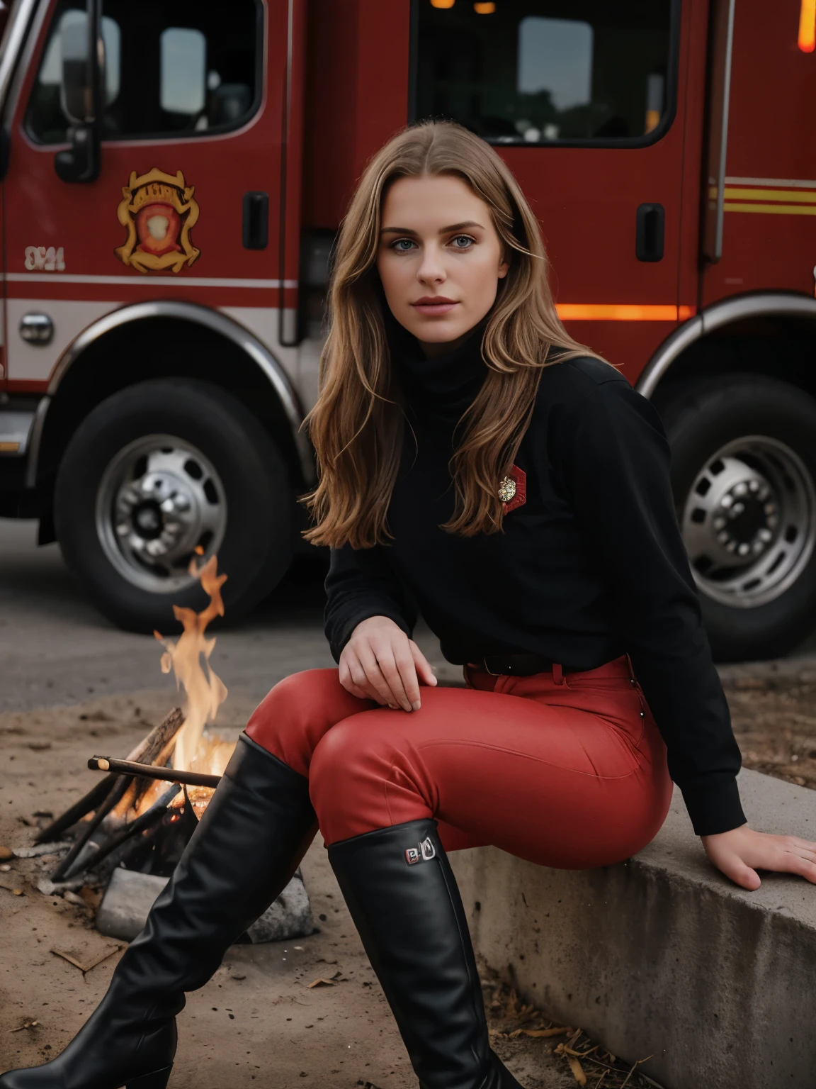 A captivating photo of a beautiful young woman with brunette hair with blonde highlights, about 23 years old, arafed woman in red pants and black boots sitting in front of a fire truck, by Thomas Häfner, close body shot, firefighter, fireman, mia kischner, by Kristian Zahrtmann, by Niko Henrichon, shot on canon eos r 5, shot on canon eos r5, shot on nikon z9