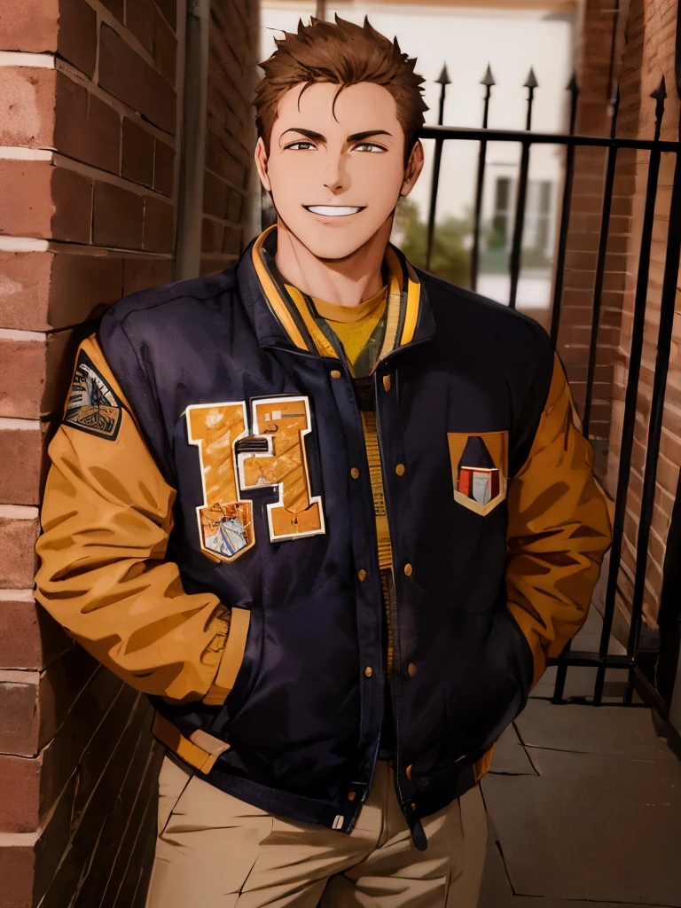 arafed male in a jacket and khaki pants standing in front of a brick wall, connor hibbs, dylan kowalsk, profile shot, mid shot portrait, dylan kowalski, blake rottinge, highy detailed, ( ( emma lindstrom ) ), by Jacob Burck, jamie coreth, closeup portrait shot,