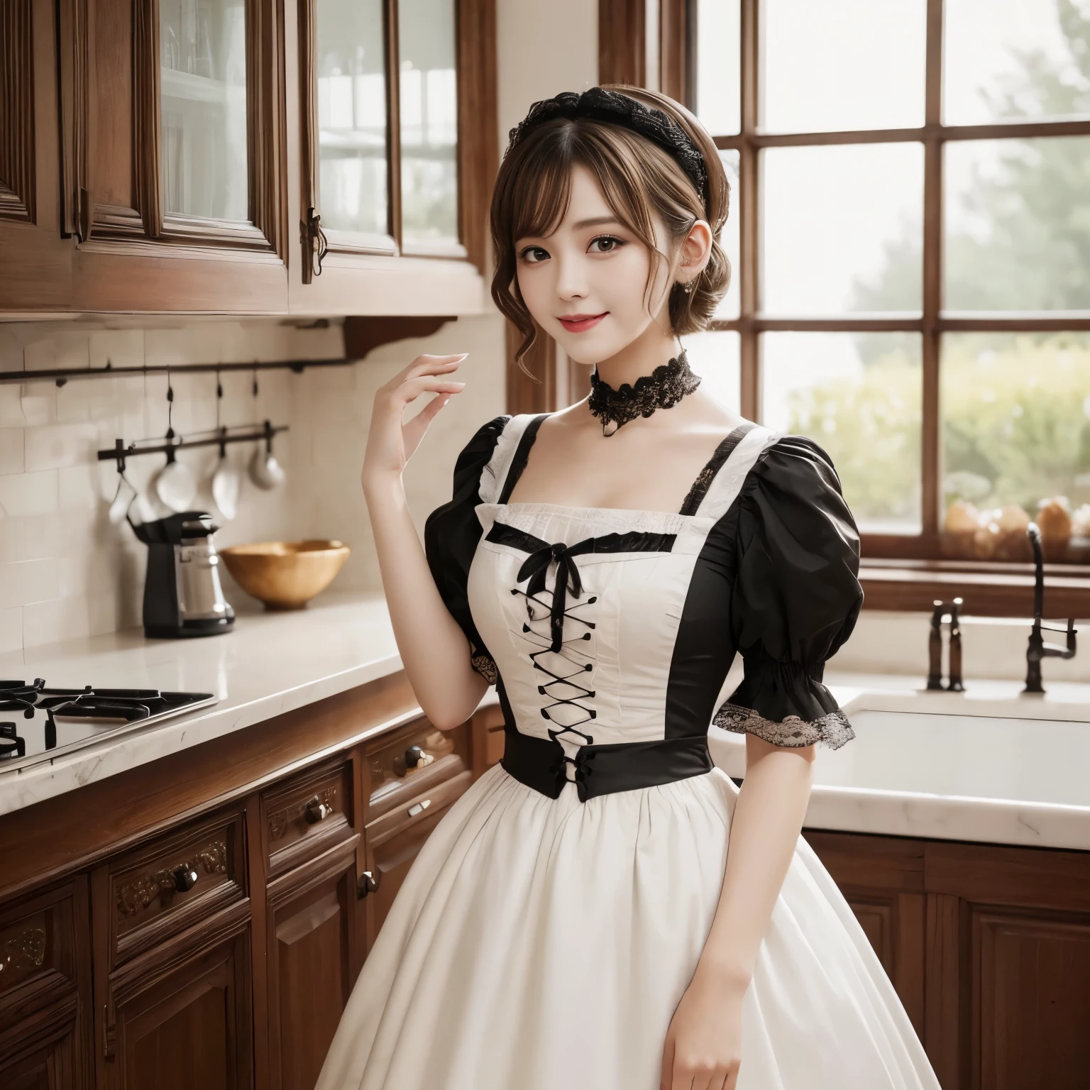 (masterpiece、highest quality、ultra high resolution、Award-winning work、8K)、one beautiful maid、gorgeous victorian maid dress、Luxurious long skirt black and white maid outfit、huge black and white maid dress、maid'headband、black and white maid uniform、look at me and smile、stand gracefully、Elegant standing figure、Standing maid、perfect makeup、long eyelashes、brown hair、very short curly hair、Small valley、small and soft breasts、thin、super high detail skin、Photo on the foot、Luxurious kitchen in a classic mansion、classic gothic elegant kitchen、Gothic interior、antique interior、mansion、accurate anatomy、natural and perfect furniture arrangement