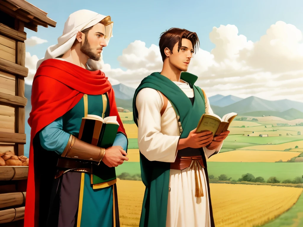 There are two men standing with a book in their hand. In the background there is a farm and many people. biblical costumes. biblical setting. biblical style. Estilo anime. Marvel comic book style.