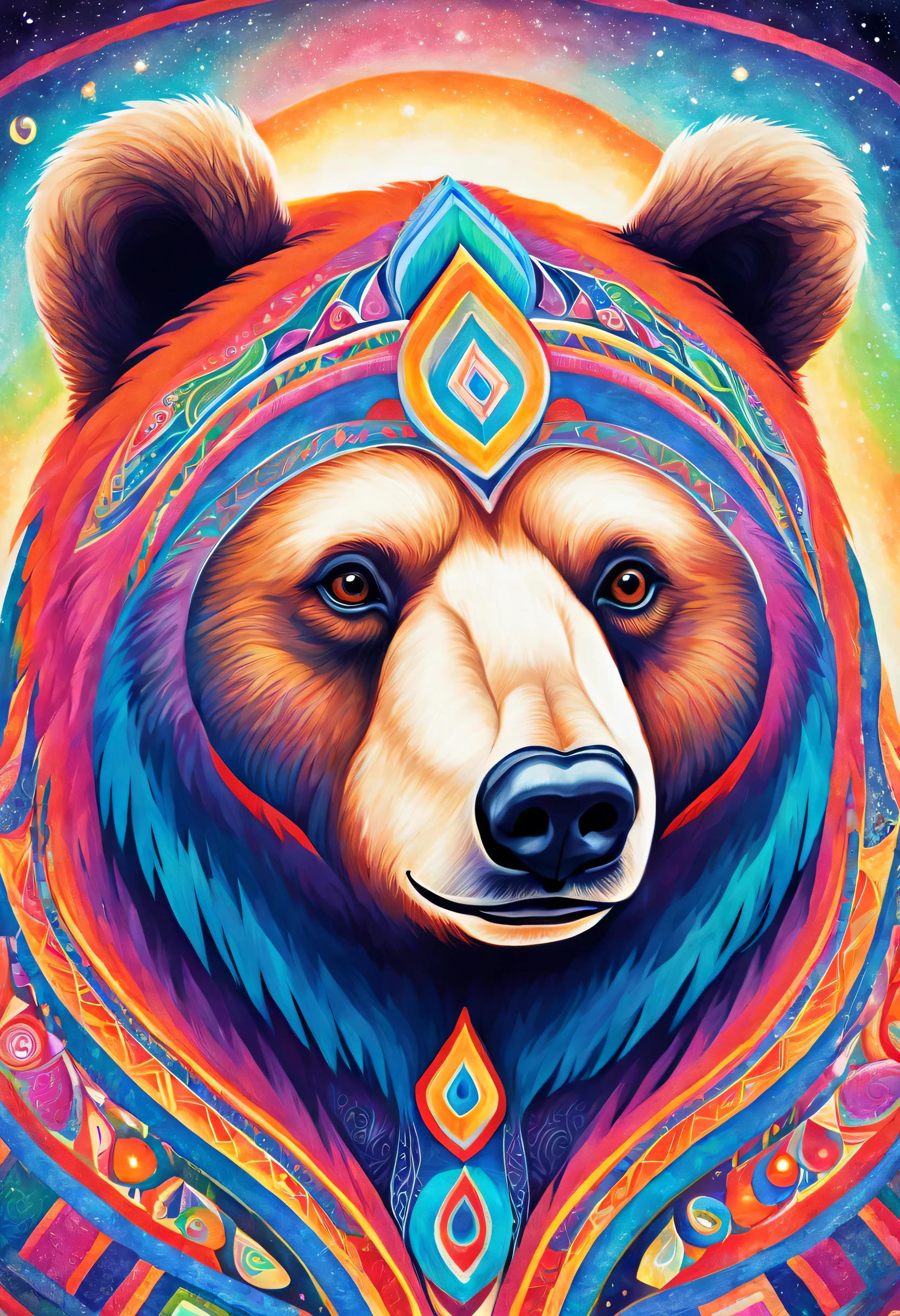 Une magnifique peinture d'un ours dans le style et les détails du dessin sami, et dans le style psychédélique, couleurs flashy. Rester dans l'univers Sami