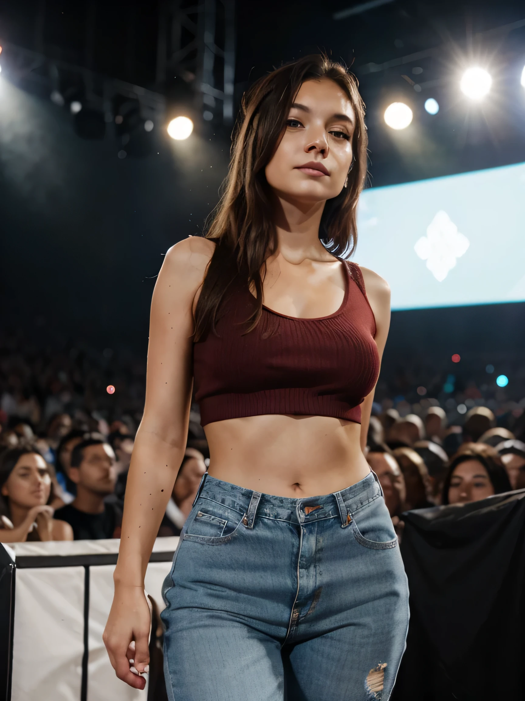 girl, young and cute, she is in the audience of the oscars, she is wearing a tight crop top, she's wearing a slave Leia style loin cloth, men surround her, clothed men encircle her, she is skinny and small, she is shy and nerdy