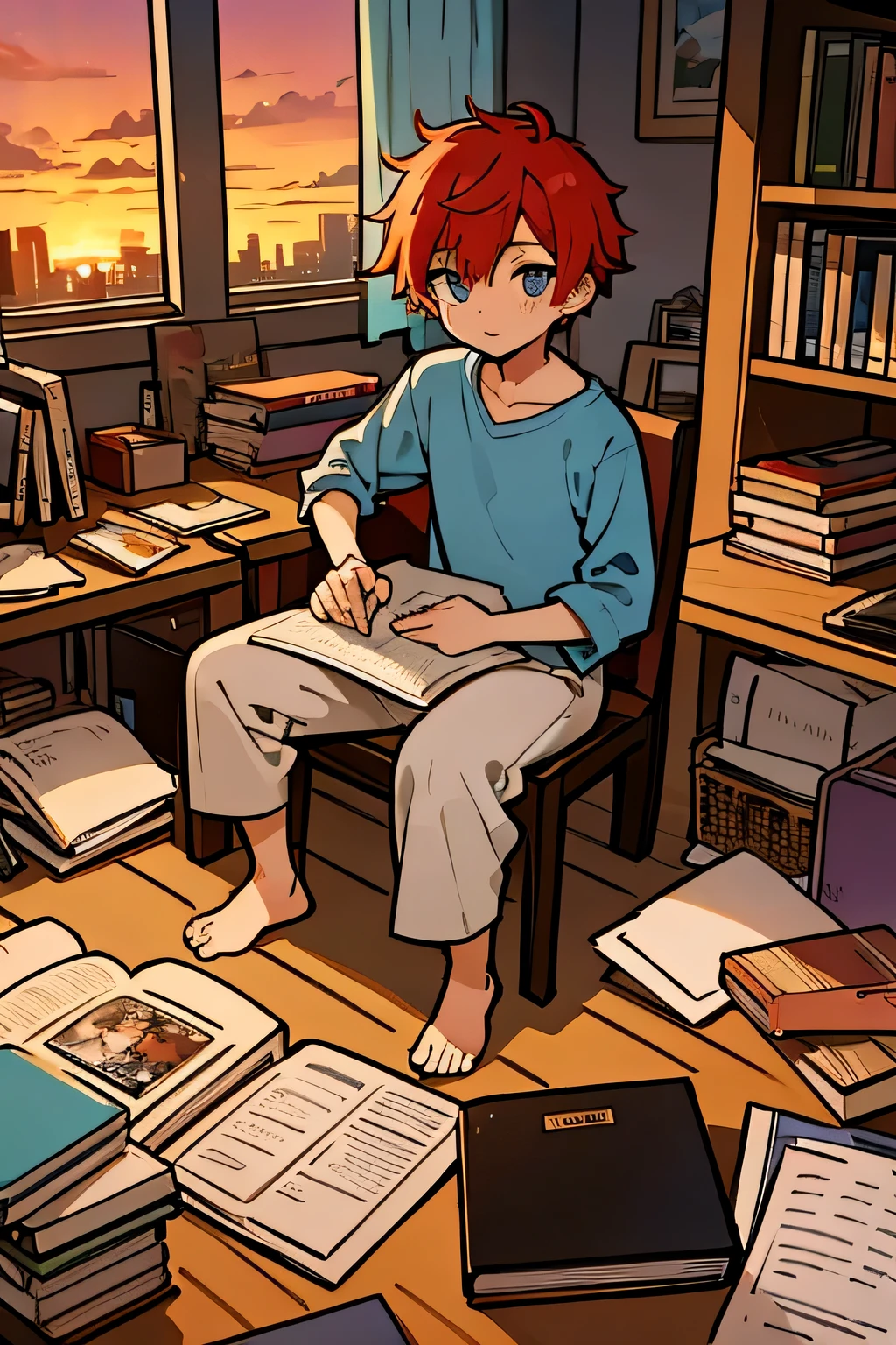 personagem, macho, ruiva, in a messy room in the middle of the sunset, estudo