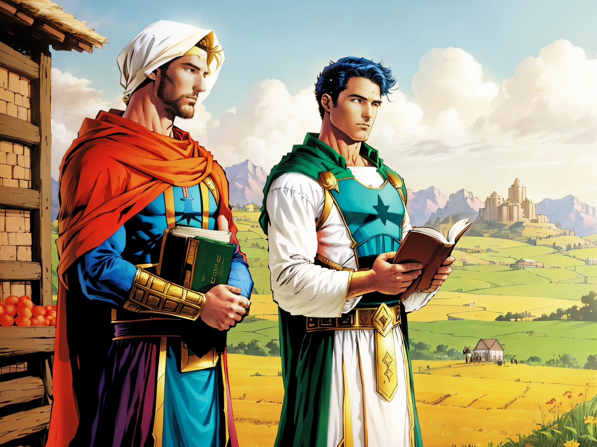 There are two men standing with a book in their hand. In the background there is a farm and many people. biblical costumes. biblical setting. biblical style. Estilo anime. Marvel comic book style.