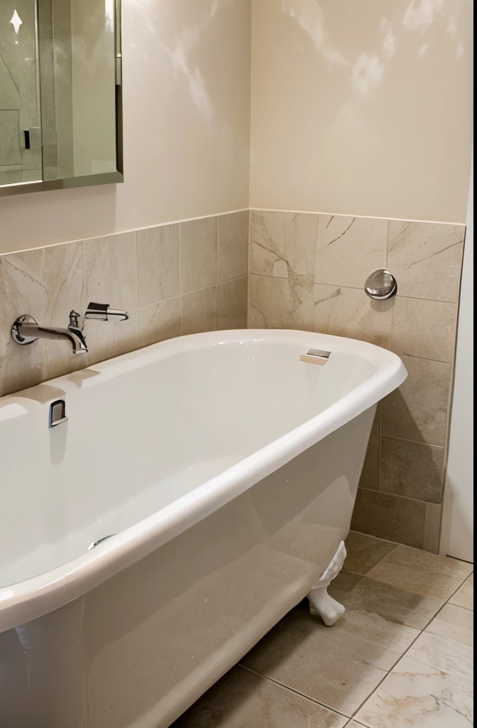 cozy small bathtub ,gray-ish tone,a white bathtub and white ceramics on the wall ,faucet ,red rose ,lovely bathroom with slight lighting,camera from corner, no window, slightly dark