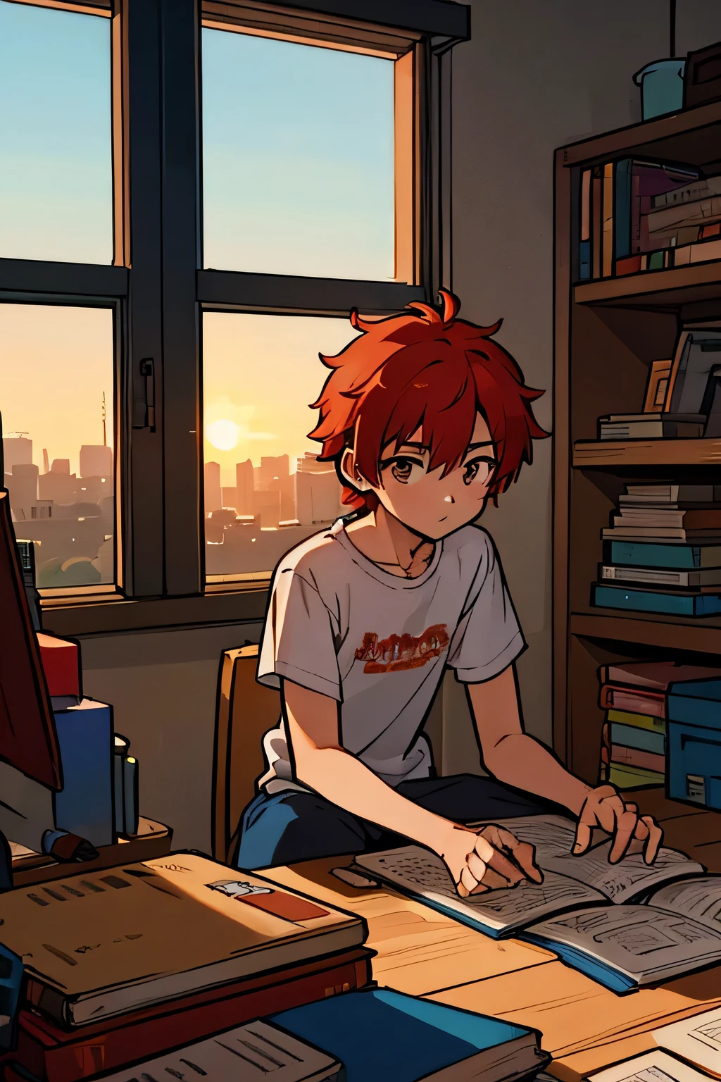 personagem, macho, ruiva, in a messy room in the middle of the sunset, estudo