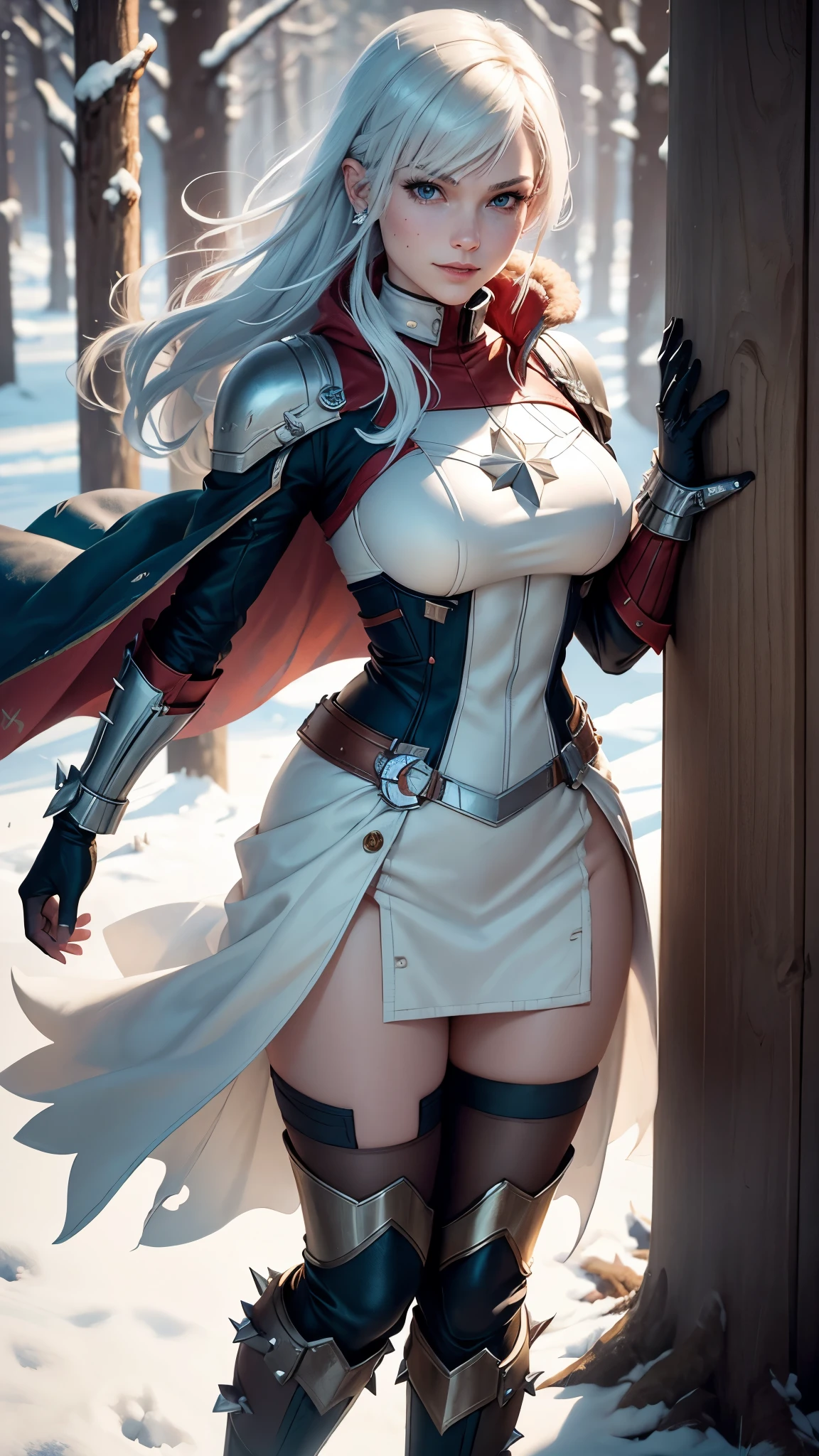 gwen tennyson,captain marvel,yorha 2b,solo girl,overwatch,atelier ryza,close up,winter forest,viking village,rune tattoos,fur and white plugsuit,winter viking linen shirt,royal red viking cape,spiked viking armor,lycra mini skirt,long dress train,short viking hair,viking makeup,blue eyes,multicolored silver hair, spiked gloves,sexy smile,freckles,beautiful girl,knee high spiked boots,large breasts,8k,ultra detailed,realistic,fantasy art,viking armor,hair pin,ear piercings,(weather:windy),