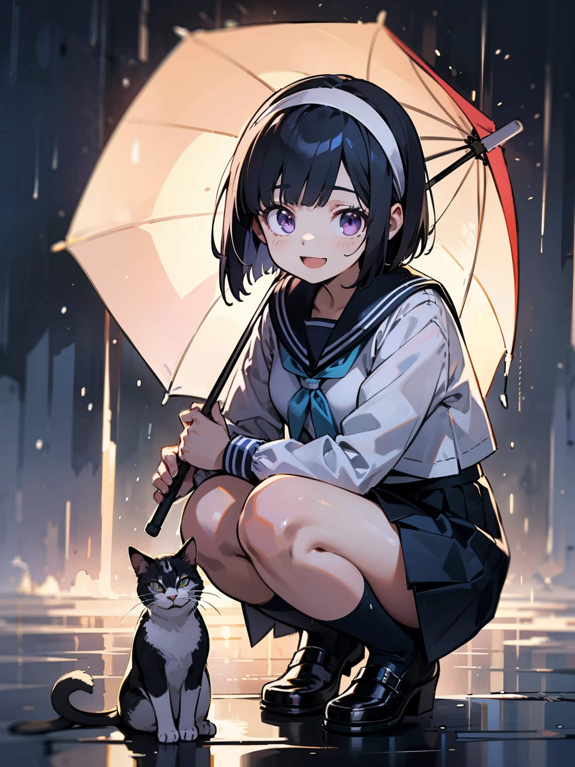 8K, highest quality, masterpiece, Super detailed, ultra high resolution, realistic, RAW photo, absolute resolution, cute girl and cat. cute clothes, skirt, squatting, torrential rain, umbrella,  small face compared to body, very small face, black hair, High school girl wearing a navy sailor suit, ((White headband)), purple eyes, small breasts, tall, slanted eyes, open your mouth, bob cut,  smile,
