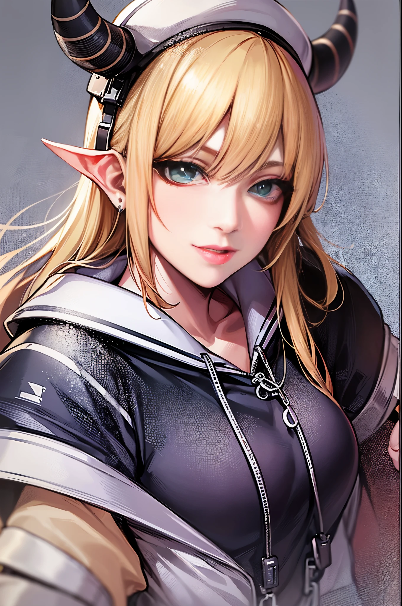 (masterpiece, superior quality, best quality) a white demon man, wearing pink sweatshirt and pink cap with (white horns), with white eyes without pupils, pink iconic character and with imposing and confident pose, vibrant colors, dark smile, full body, blonde hair, green eyes, pink bow