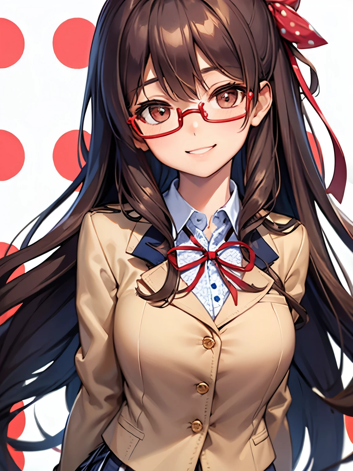 girl,Fashionable glasses,(long curly light brown hair),((BREAK)),(Navy blazer type school uniform:1.3),(plaid pleated skirt:1.2),((BREAK)),(red ribbon on the chest:1.3),((Staring at me with a proud smile)),((BREAK)),(((polka dot background:1.2)),((focus on face)),((close up of face)),Gentle design