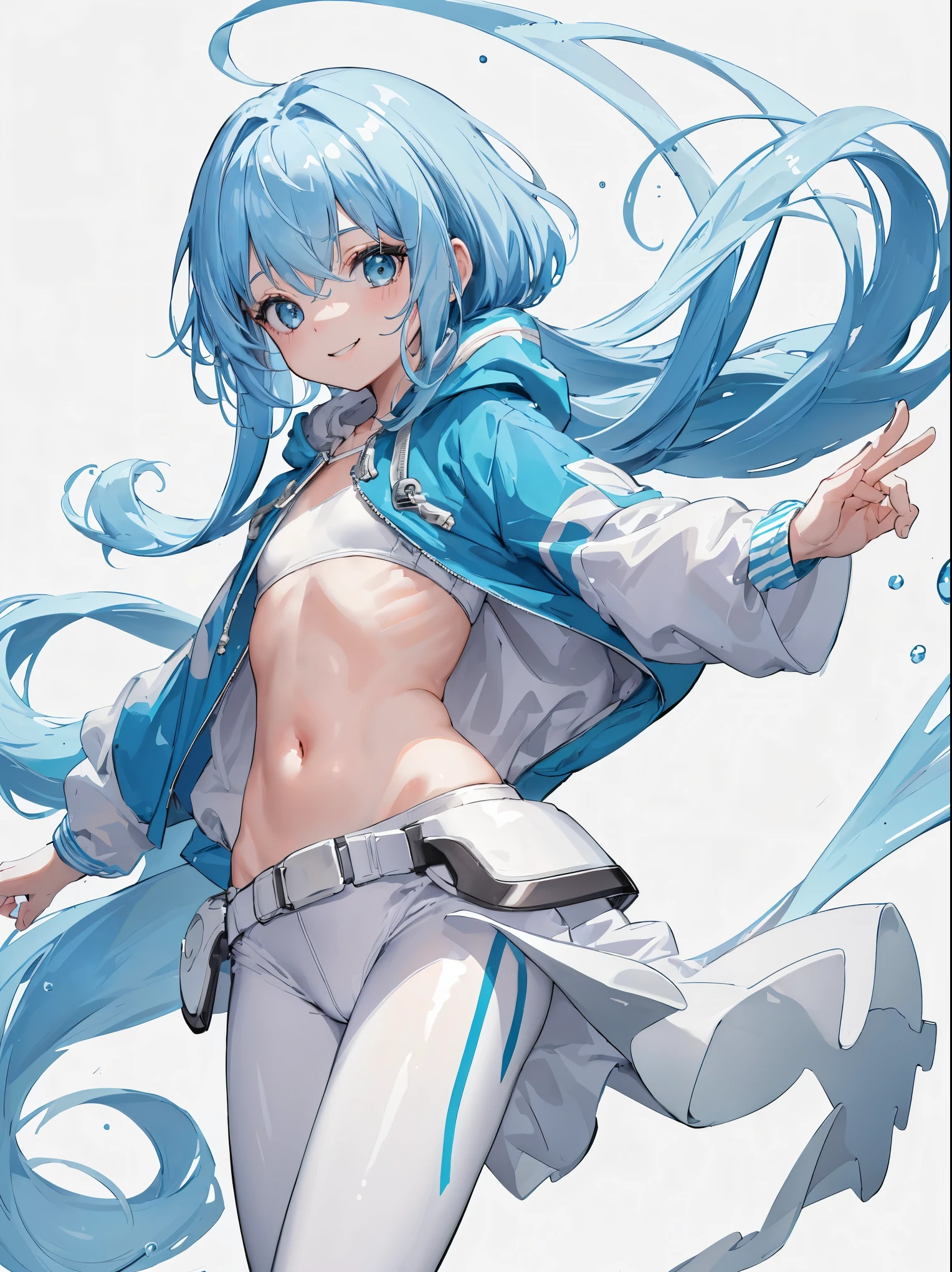((4K, ​master piece, Best Quality)), light blue hair, long hair, hoody, open jacket, small breast, ???, white background, standing, smooth, shiny coloring style, navel, stomach, white leggings, short body, ???, cowboy_shot, hand up, smile,