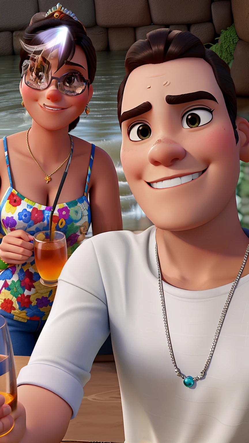 Casal estilo Disney pixar, alta qualidade, melhor qualidade, a mulher do lado esquerdo da foto, holding a large glass in hand, ambos numa cachoeira