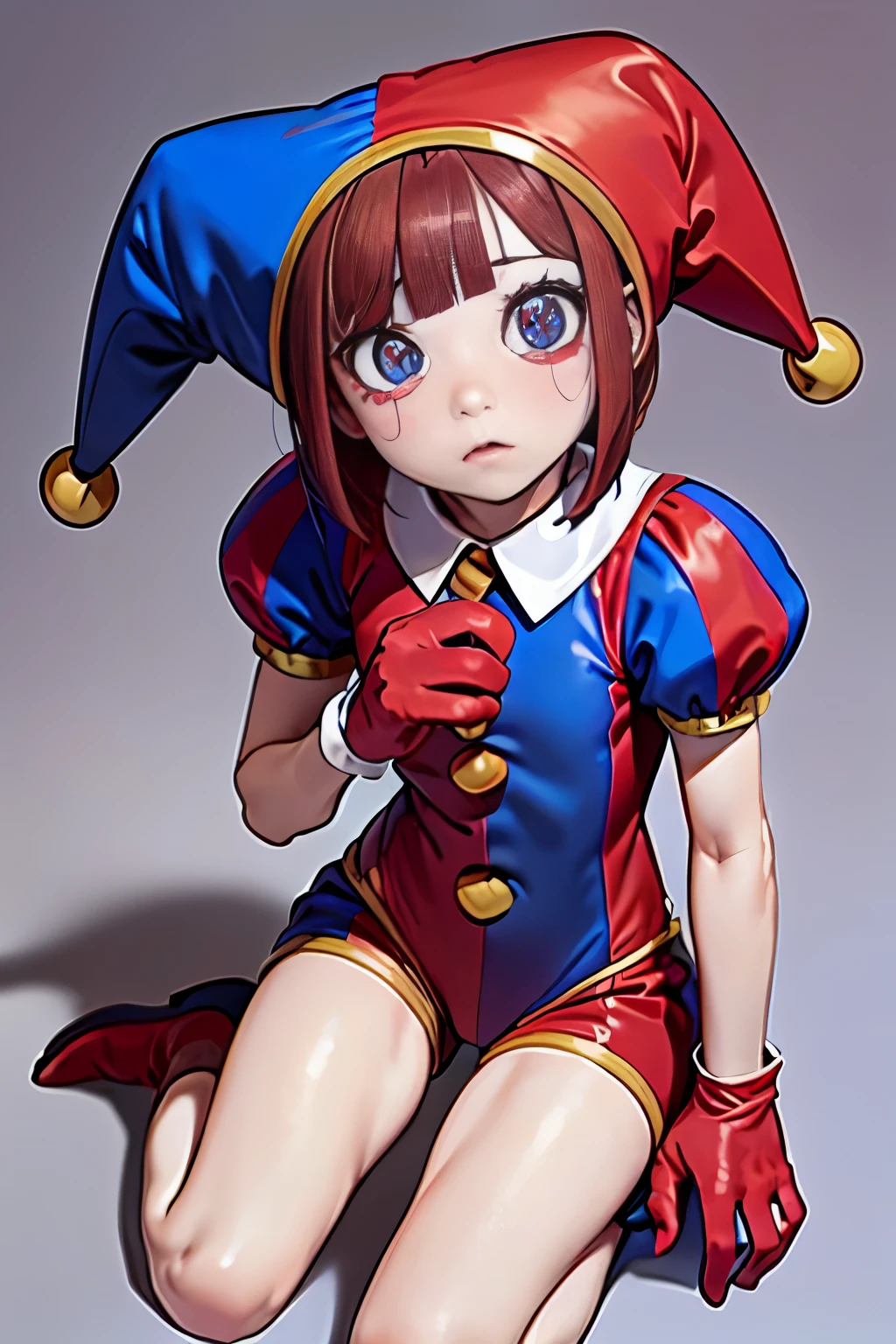 Pomni, 1girl, ((red and blue jester outfit)), red and blue jester cap, puffy short sleeves, ((red and blue gloves)), buttons, colored skin, ((symbol-shaped pupils, red and blue eyes)), ((red and blue shoes)), blush stickers, brown hair, bob cut, blunt bangs, colored skin, white skin, perfect anatomy, solo