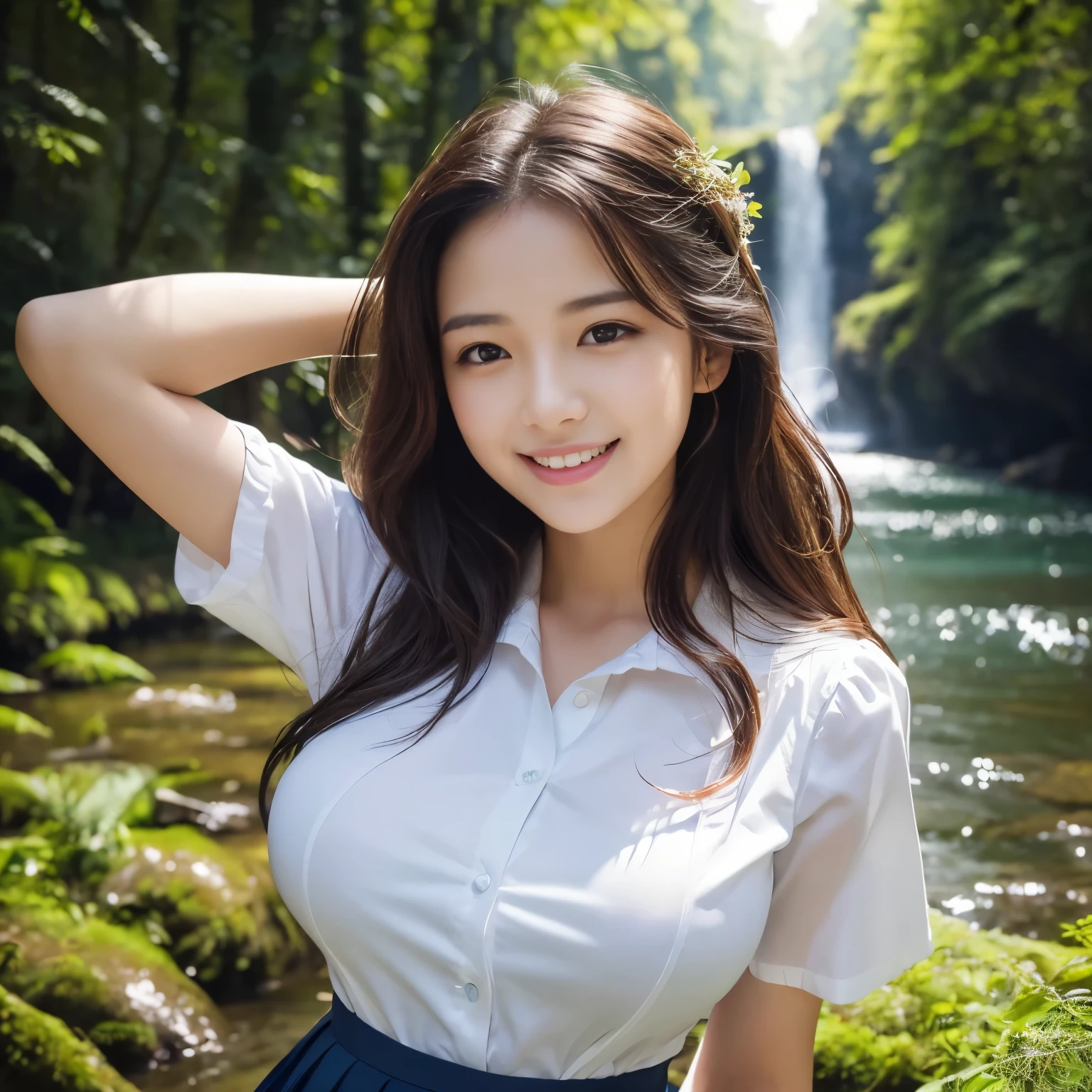 (masterpiece、highest quality、ultra high resolution、8K)、1 very beautiful 18 year old girl、(Perfect composition where the girl fits neatly into the frame:1.1)、perfect anatomy、wavy hair、(Big breasts that are about to burst:1.3)、(emphasize the bust line:1.3)、(Accurate high school uniform white short sleeve shirt:1.1)、(High school uniform navy pleated skirt:1.15)、(Precise uniform ribbon that fits perfectly on the chest:1.1)、(美しくShining beautiful skin:1.1)、Brown glittery hair、valley in the forest、A beautiful river in a mysterious green forest、(The most transparent and beautiful river water:1.1)、waterfall in the background、Surrounded by the most magnificent nature、Mysteries of Nature、the most detailed and beautiful river、feelings of love、(Shining beautiful skin:1.1)、(Super high quality beautiful skin:1.1)、beautiful teeth、You have the happiest smile&#39;someday you&#39;ll see me、very bright and refreshing、cool summer atmosphere、Refreshing summer、Are standing、In the glittering forest、(Moody and romantic portrait photography:1.2)、blurred background、Bright summer colors、Surrounded by fantastic light、Playing in the river