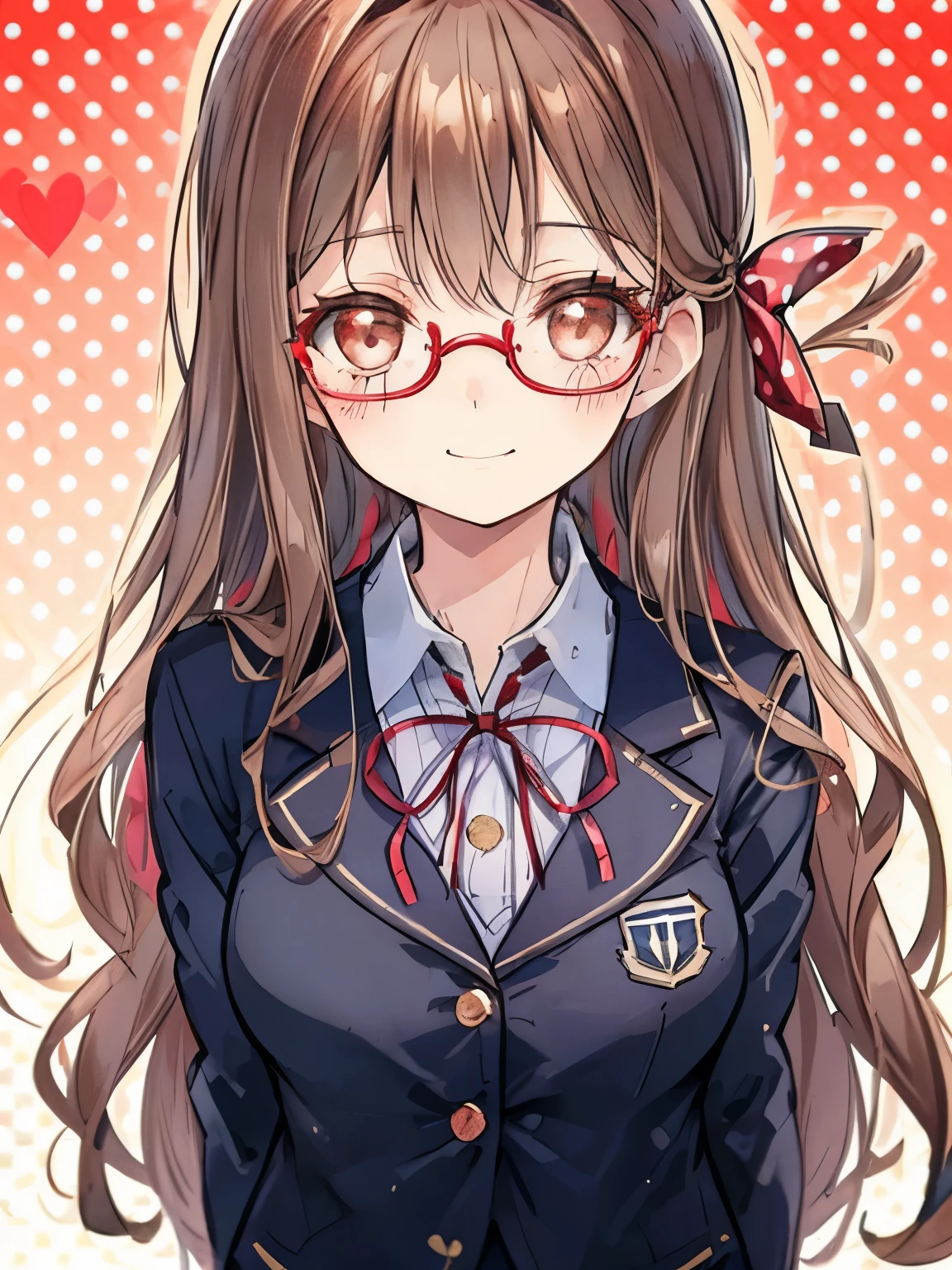 girl,Fashionable glasses,(long curly light brown hair),((BREAK)),(Navy blazer type school uniform:1.3),(plaid pleated skirt:1.2),((BREAK)),(red ribbon on the chest:1.3),((Staring at me with a proud smile)),((BREAK)),(((polka dot background:1.1)),((focus on face)),((close up of face)),Gentle design