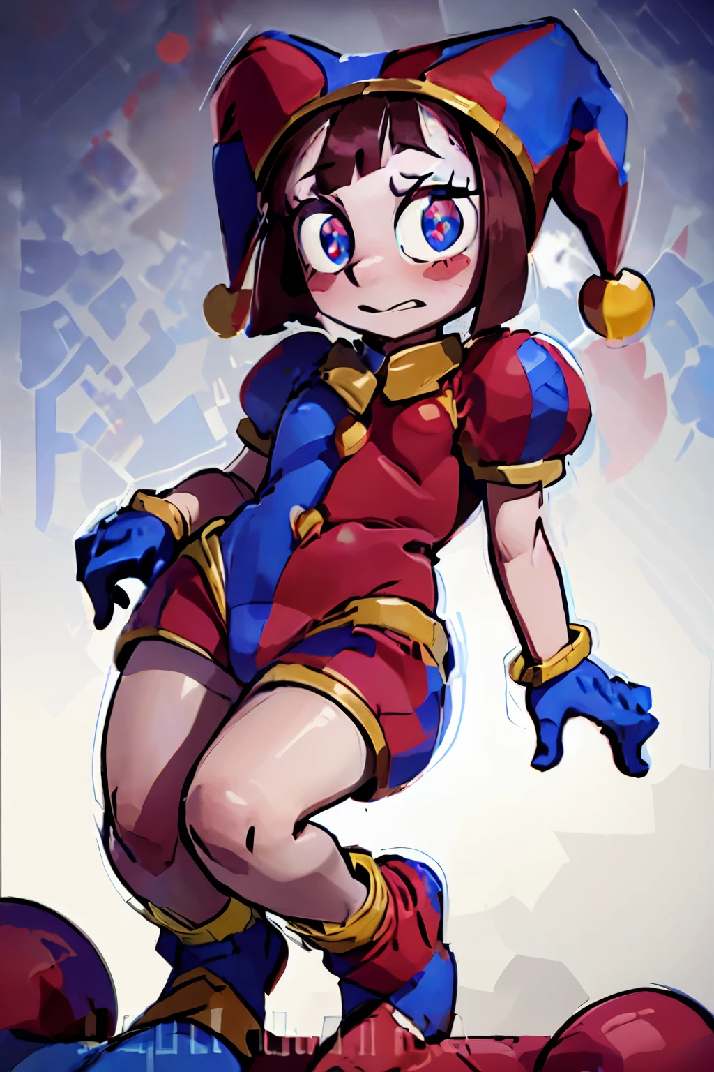 Pomni, 1girl, ((red and blue jester outfit)), red and blue jester cap, puffy short sleeves, ((red and blue gloves)), buttons, colored skin, ((symbol-shaped pupils, red and blue eyes)), ((red and blue shoes)), blush stickers, brown hair, bob cut, blunt bangs, colored skin, white skin, perfect anatomy, solo