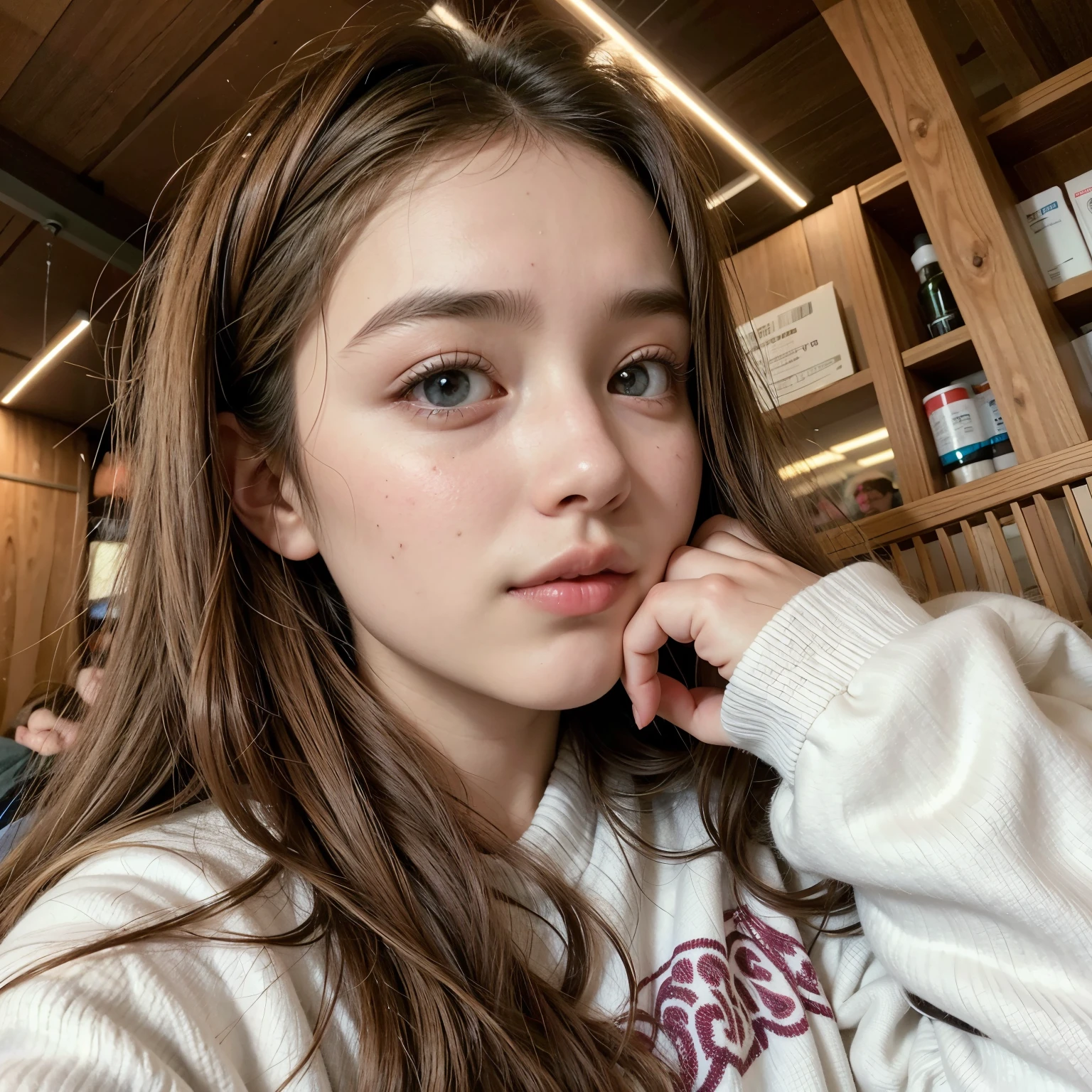 there is a woman that is sitting down with her hand on her chin, 19-year-old girl, 18 years old, 1 6 years old, dilraba dilmurat, good young girl, young and cute girl, anna nikonova aka newmilky, with long hair, anastasia ovchinnikova, she is about 1 6 years old