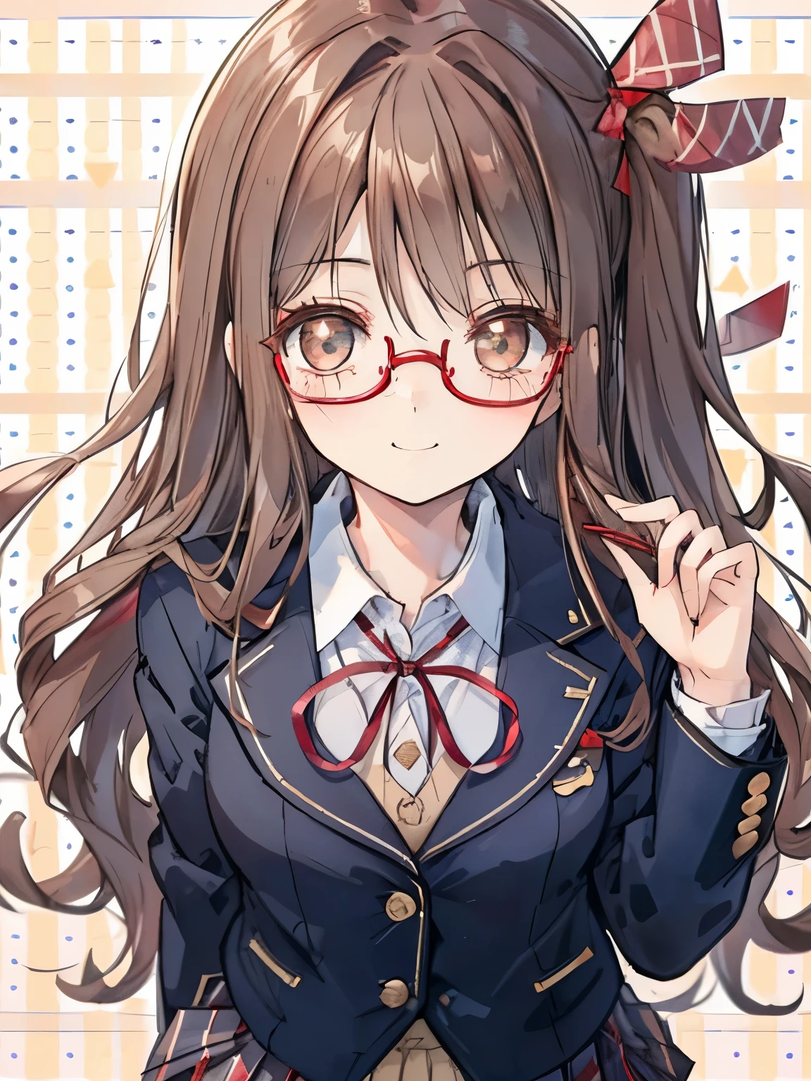 girl,Fashionable glasses,(long curly light brown hair),((BREAK)),(Navy blazer type school uniform:1.3),(plaid pleated skirt:1.2),((BREAK)),(red ribbon on the chest:1.3),((Staring at me with a slightly open smile)),(cute pose),((BREAK)),(((polka dot background:1.1)),((focus on face)),((close up of face)),Gentle design