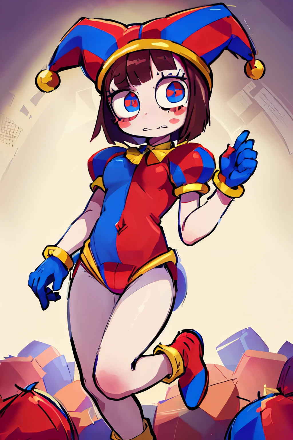 Pomni, 1girl, ((red and blue jester outfit)), red and blue jester cap, puffy short sleeves, ((red and blue gloves)), buttons, colored skin, ((symbol-shaped pupils, red and blue eyes)), ((red and blue shoes)), blush stickers, brown hair, bob cut, blunt bangs, colored skin, white skin, perfect anatomy, solo