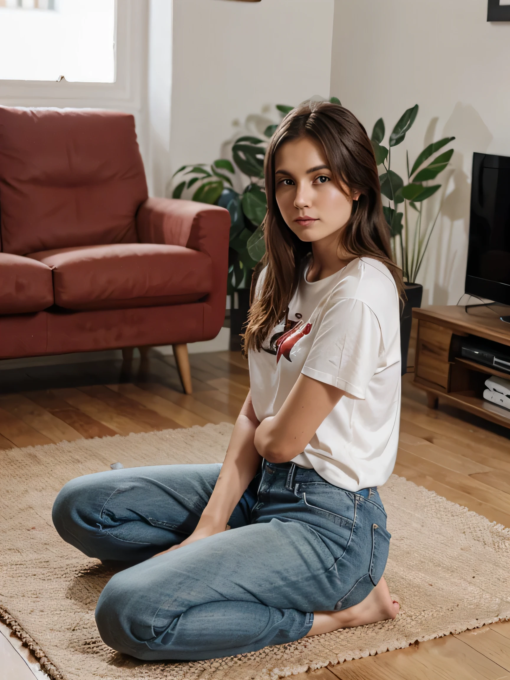 Girl, 20 Jahre alt, lange rote Haare, Sommersprossen, living room, playing playstation, jeans and t-shirt