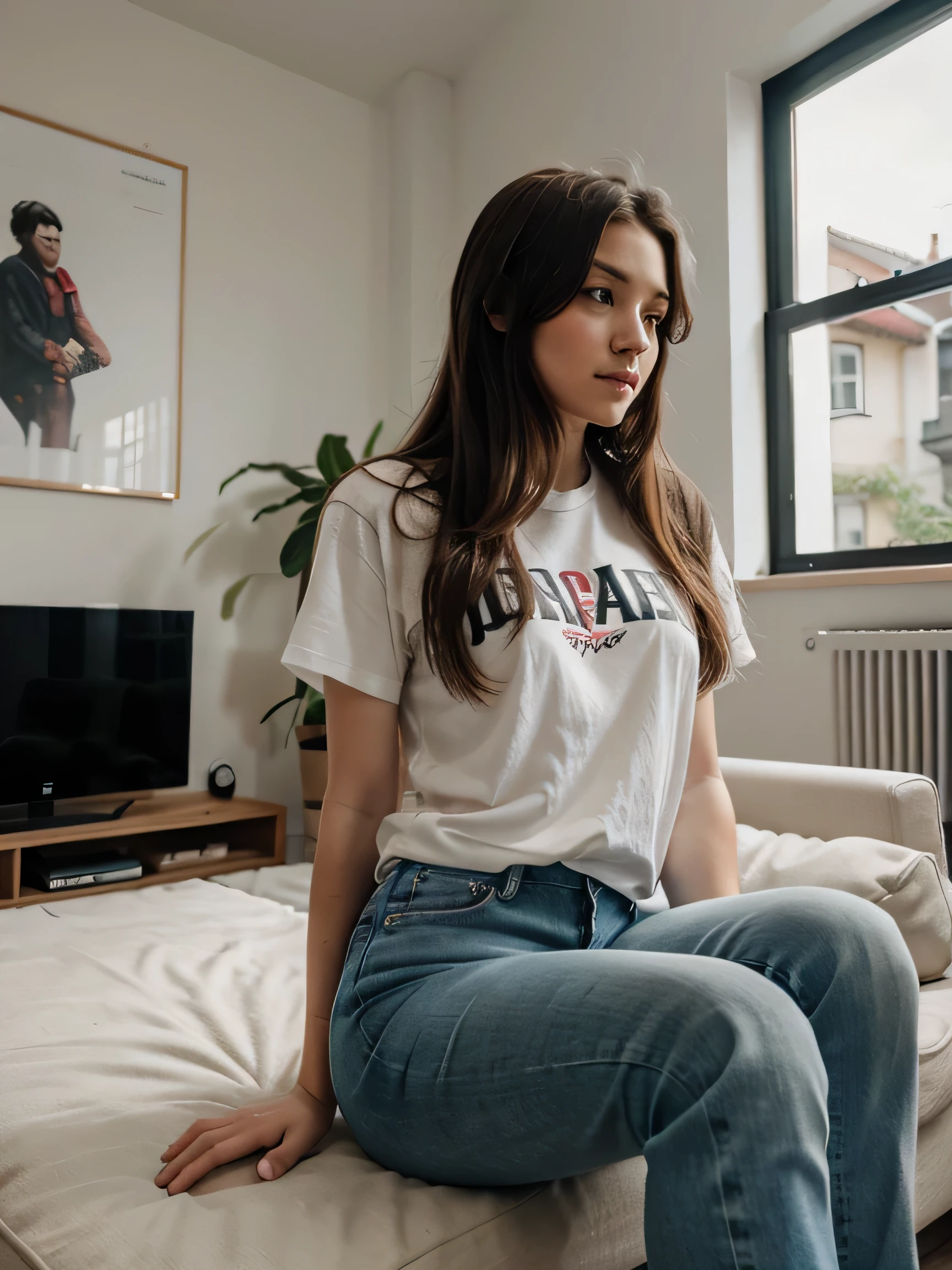 Girl, 20 Jahre alt, lange rote Haare, Sommersprossen, living room, playing playstation, jeans and t-shirt