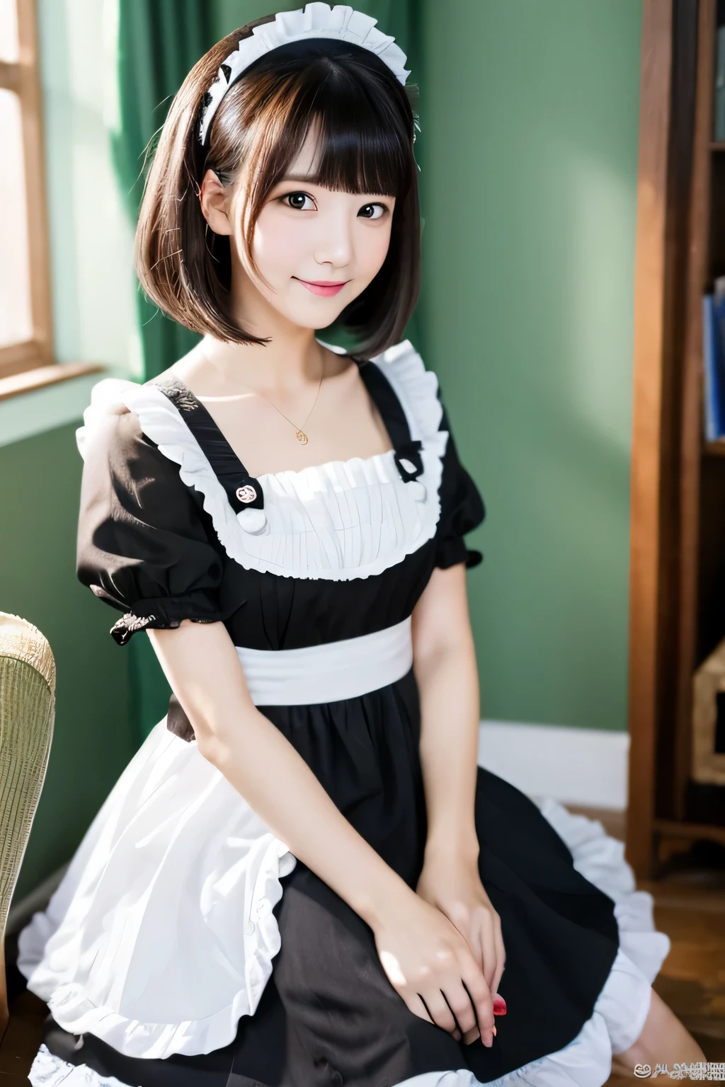 one beautiful maid、short black hair、In maid clothes 、whole body、indoor、hair ornaments