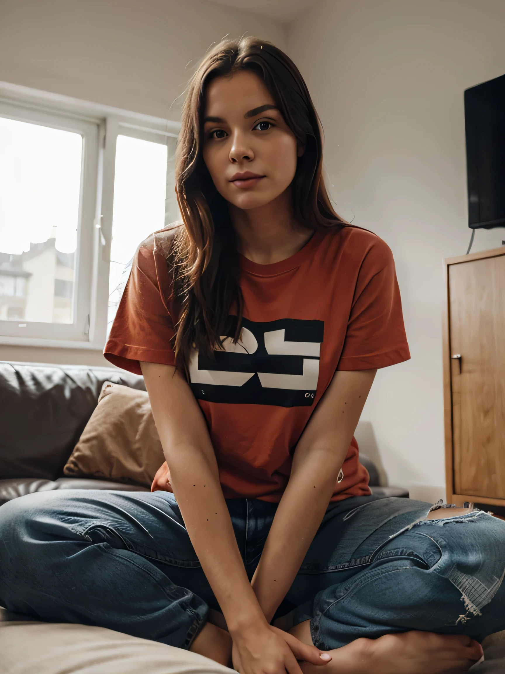 Girl, 20 Jahre alt, lange rote Haare, Sommersprossen, living room, playing playstation, jeans and t-shirt