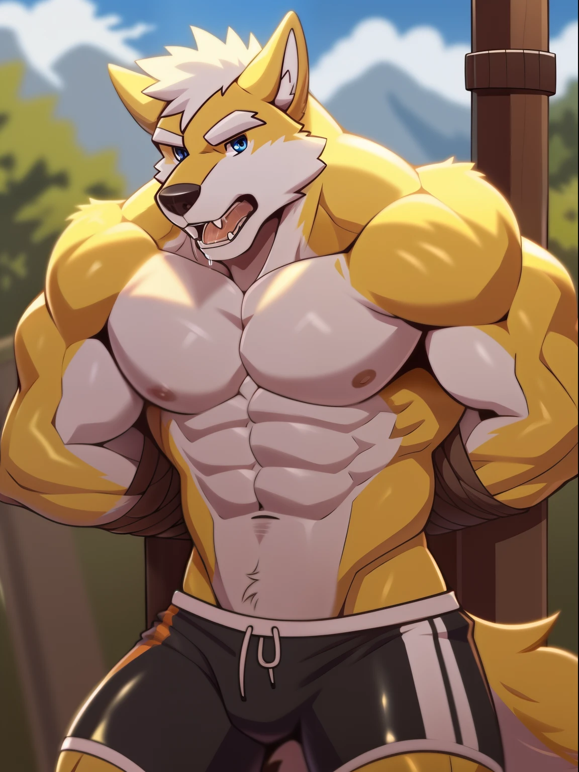 single, wolf head, wolf tail, stalwart, หูเหลืองsexy, yellow hair, hair on arm, hair on legs, Yellow fur all over, Full-body,naked, , muscle,sexy, handsome man, (blue eyes details), White eyebrows, (sports shorts); (Masterpiece, high resolution, best quality), 4K, soft skin, warm weather,Commission,Turn sideways 45 degrees,ฉากtorture,torture,A hard punch to the stomach.,Intestinal perforation,injured,Tied to a wooden post with his hands tied behind his back.,Showing an angry expression of defiance,Mouth open and saliva flowing
