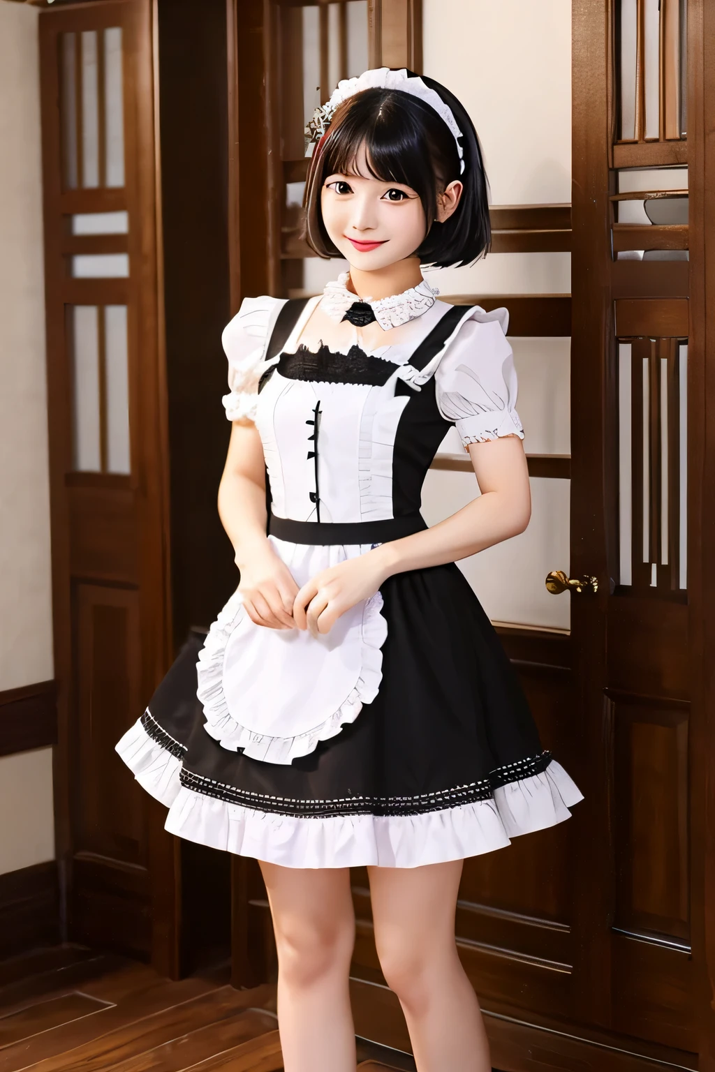 one beautiful maid、short black hair、In maid clothes 、whole body、indoor、hair ornaments